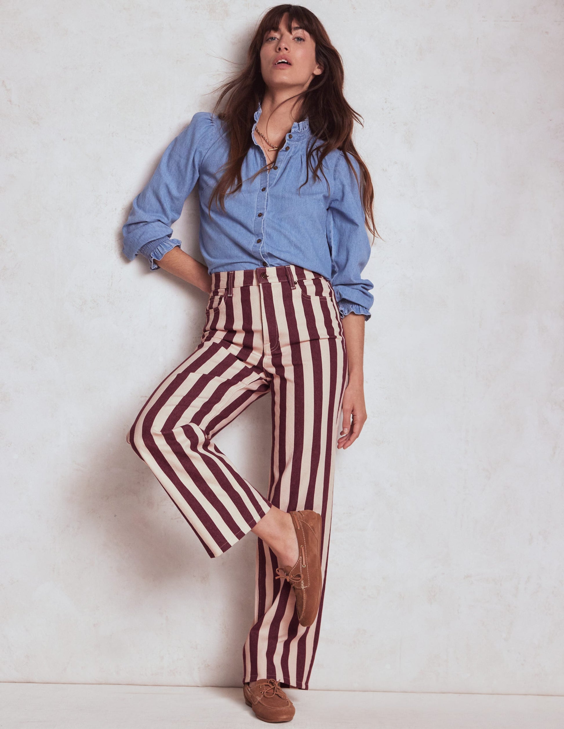 High Rise Column Leg Jeans-Maroon and Ivory Stripe-1