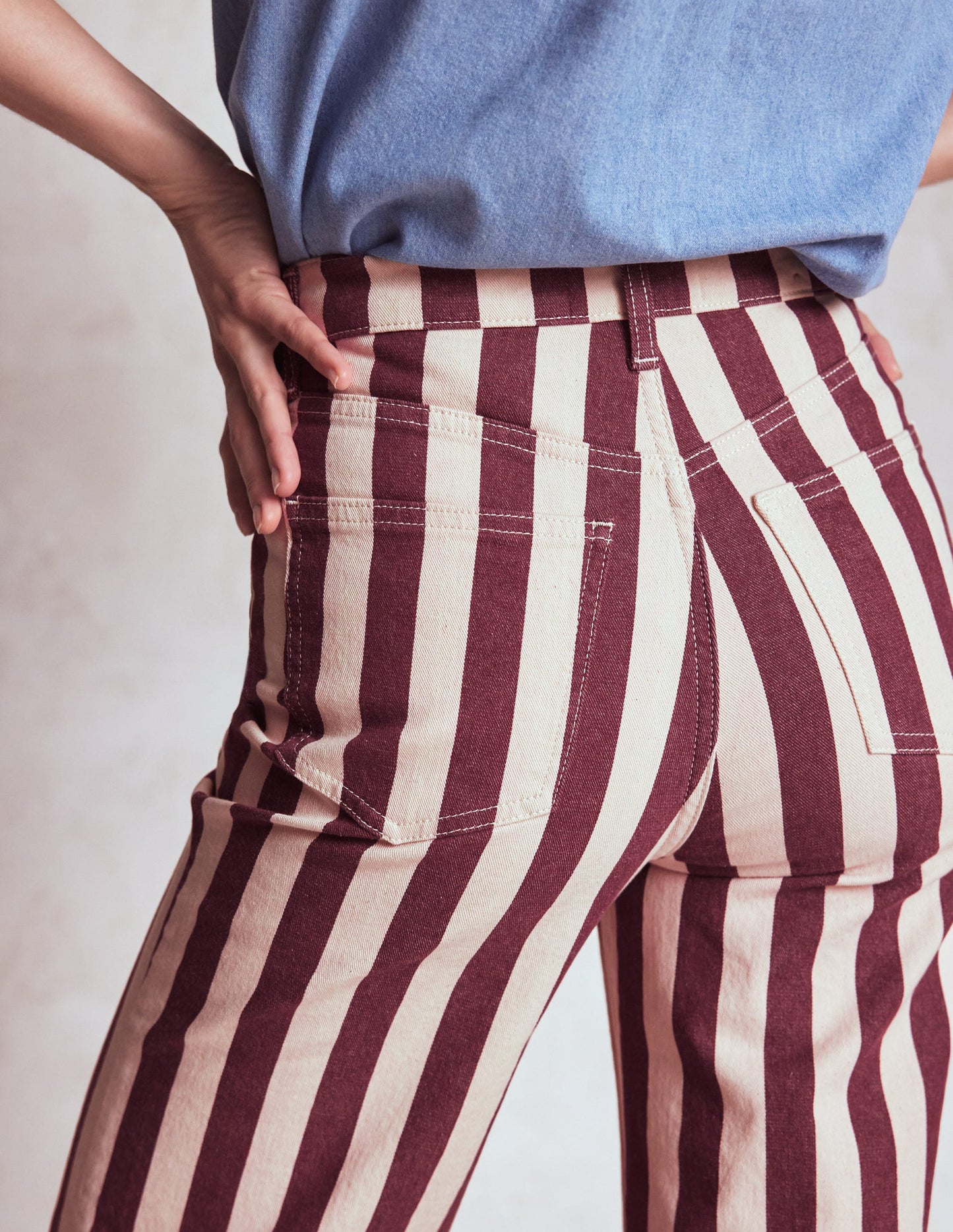 High Rise Column Leg Jeans-Maroon and Ivory Stripe
