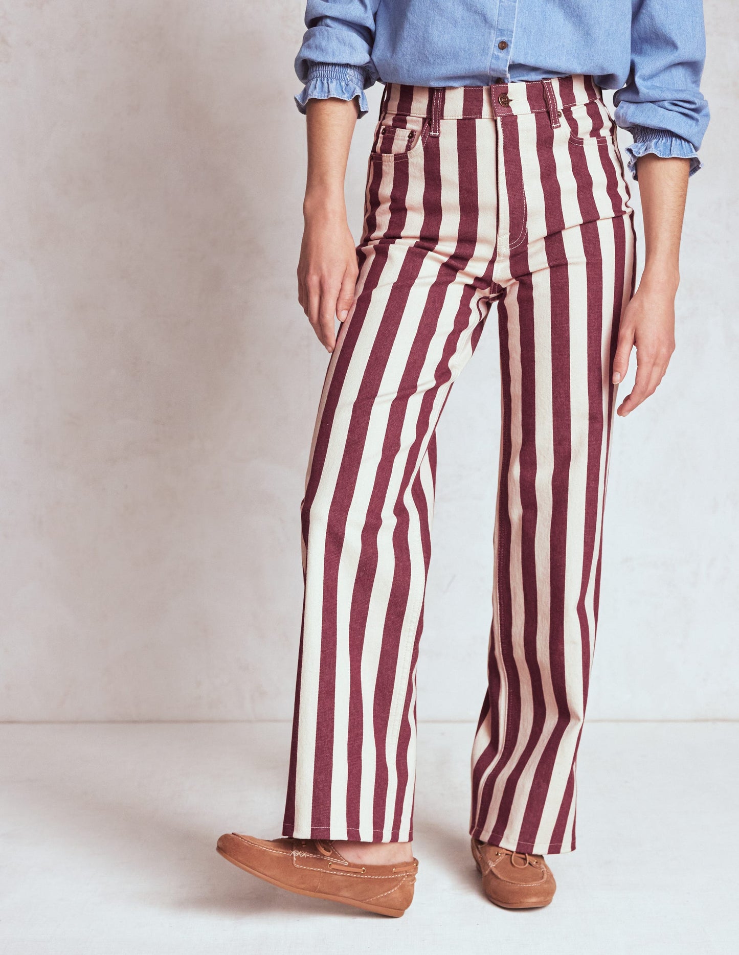 High Rise Column Leg Jeans-Maroon and Ivory Stripe