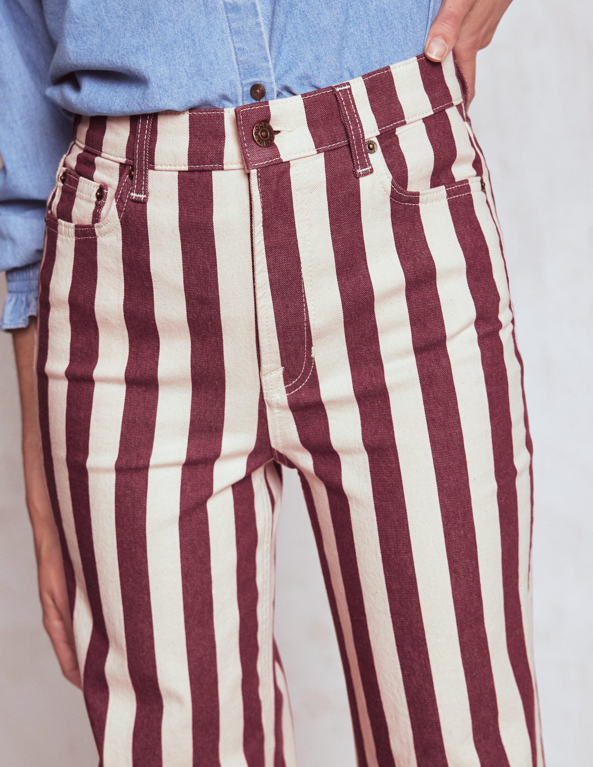 High Rise Column Leg Jeans-Maroon and Ivory Stripe-5