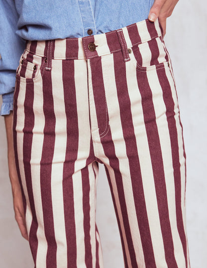 High Rise Column Leg Jeans-Maroon and Ivory Stripe-5