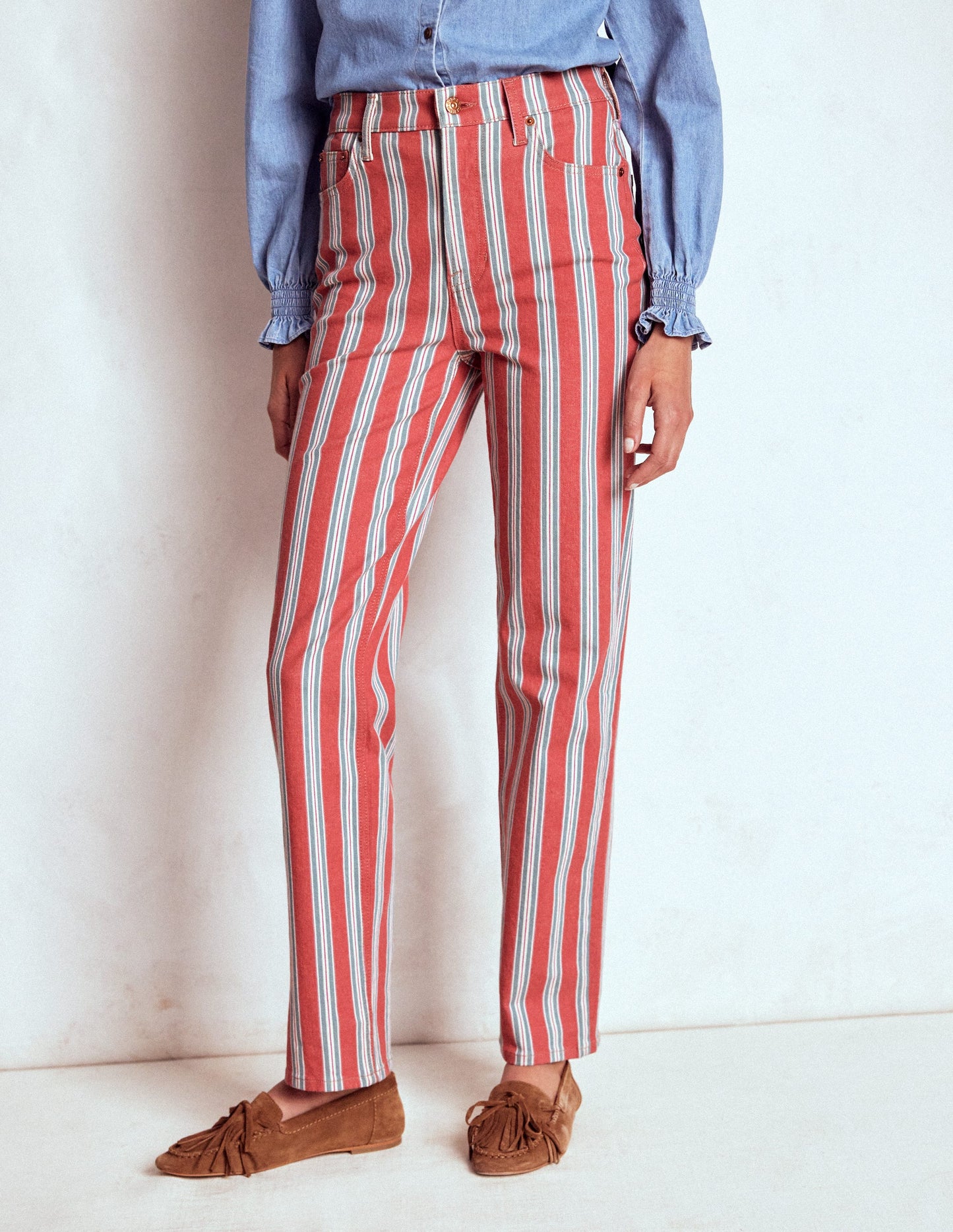 High Rise Stripe Jeans-Red, Blue and Pink Stripe