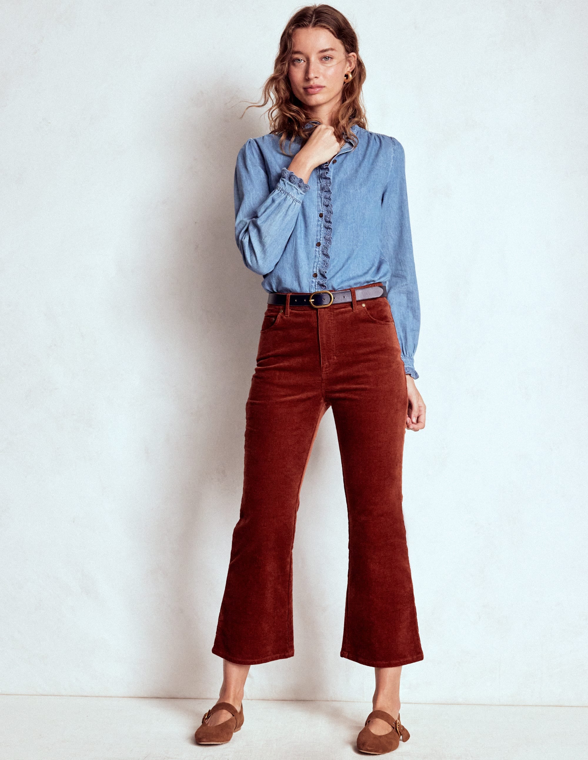 5-Pocket Cord Kick Jeans-Fired Brick - Image 1