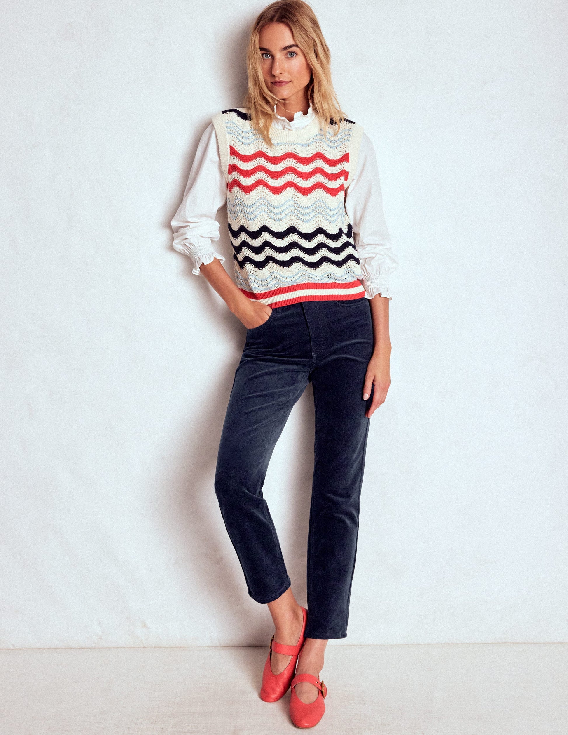 High Rise Cord Slim Jeans-Navy-1