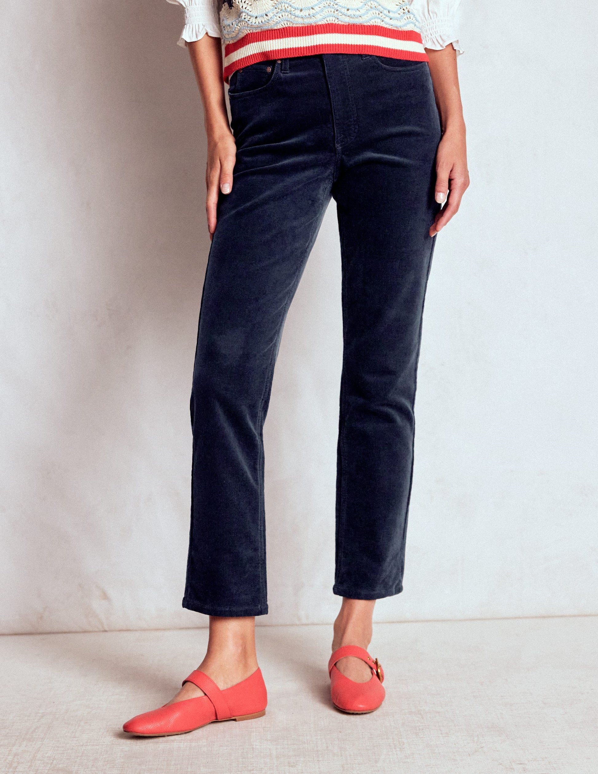High Rise Cord Slim Jeans-Navy-5