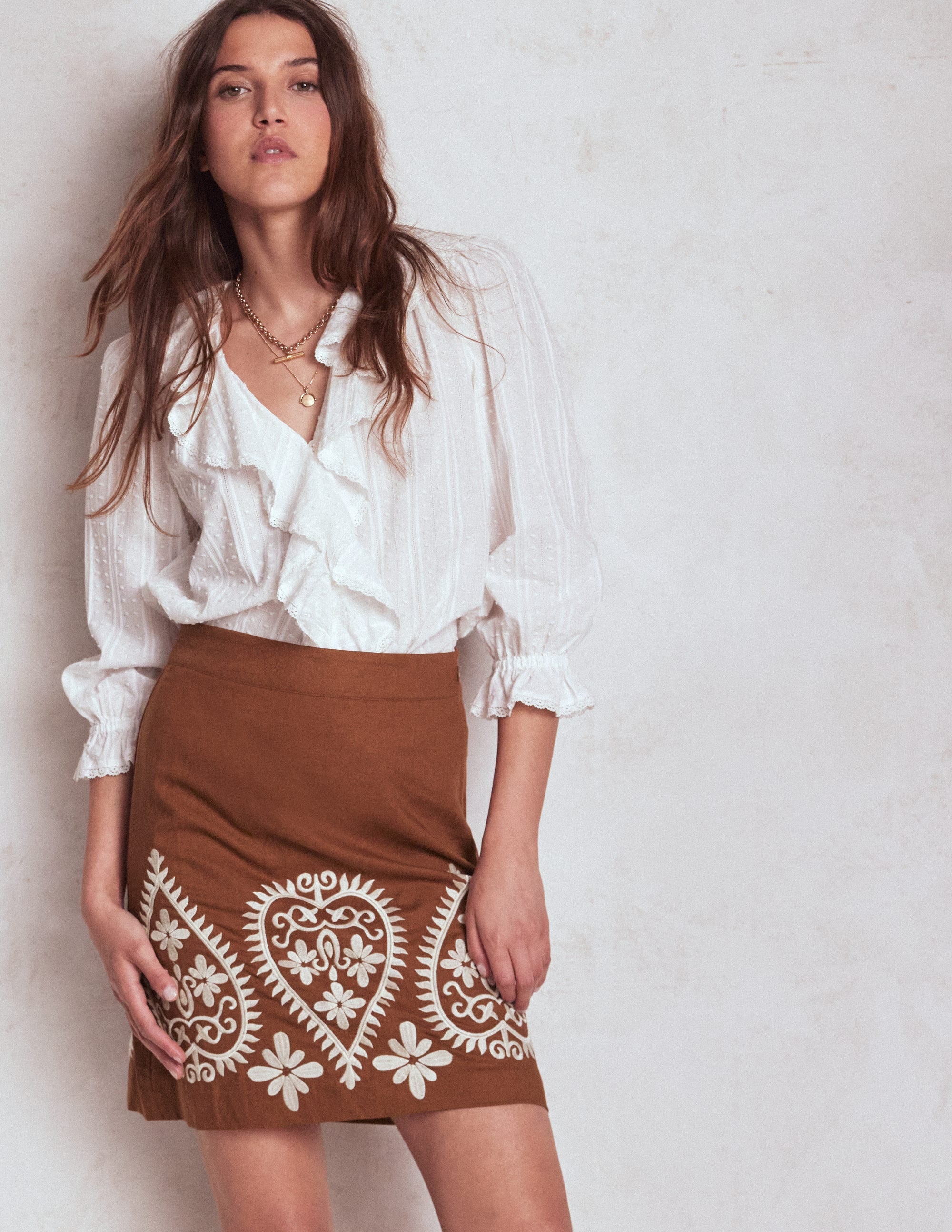 Embroidered Linen Skirt-Russet - Image 1