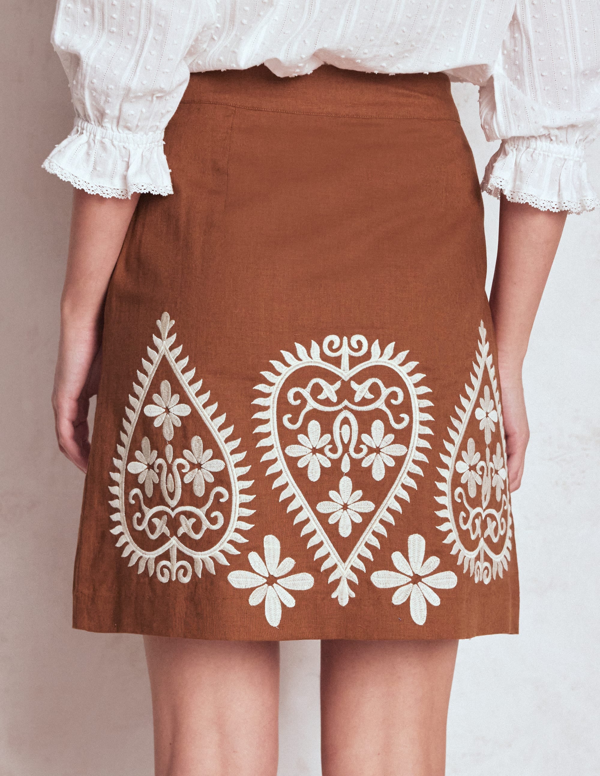 Embroidered Linen Skirt-Russet - Image 3