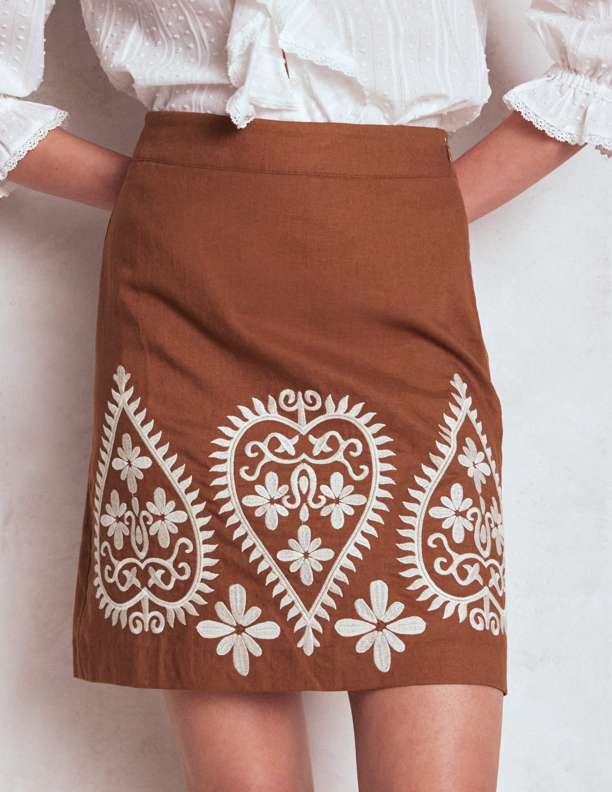 Embroidered Linen Skirt-Russet - Image 4