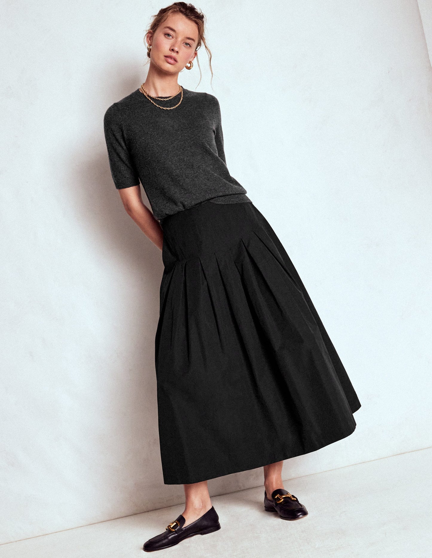 Valentina Taffeta Midi Skirt-Black