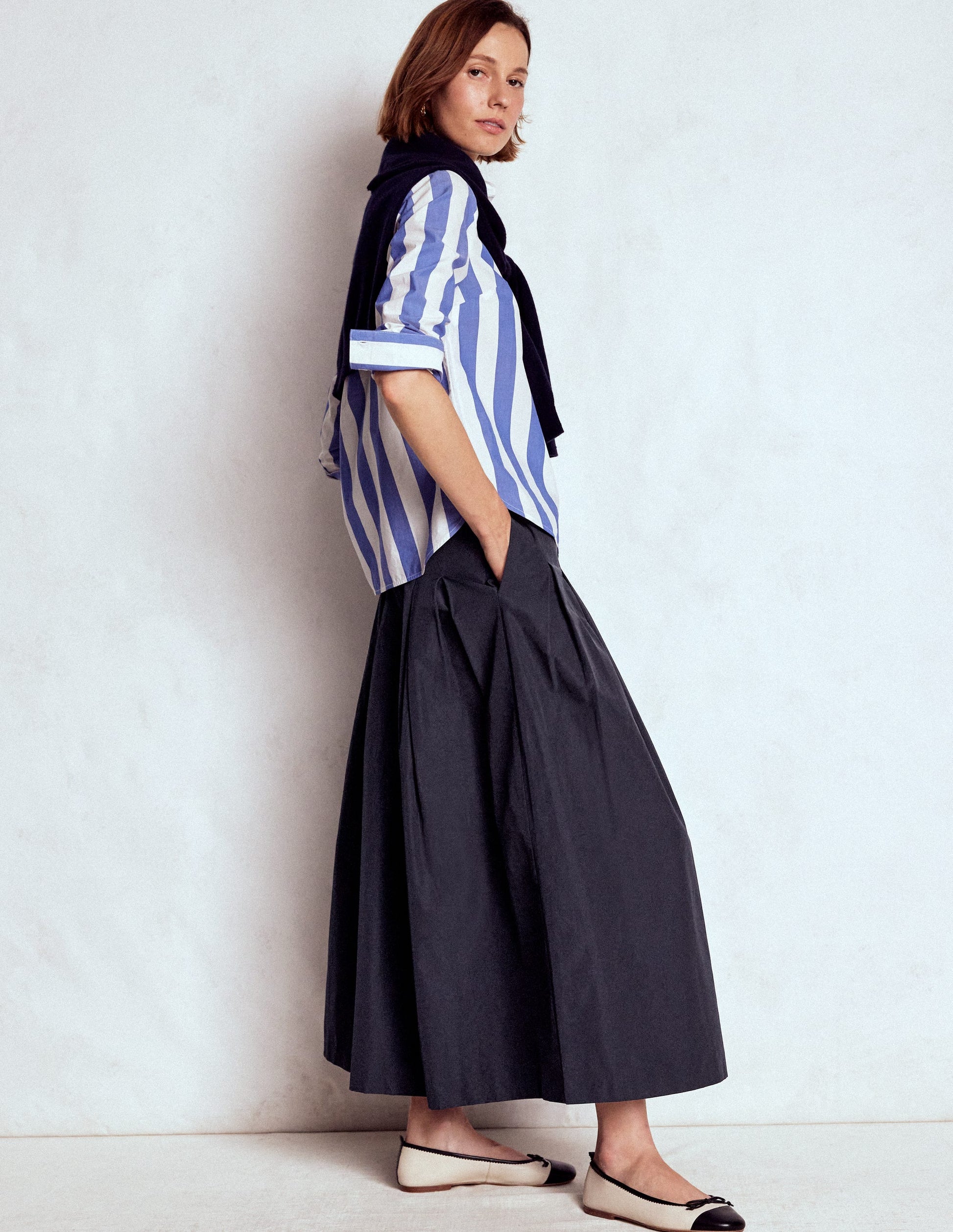 Valentina Taffeta Midi Skirt-Navy-6