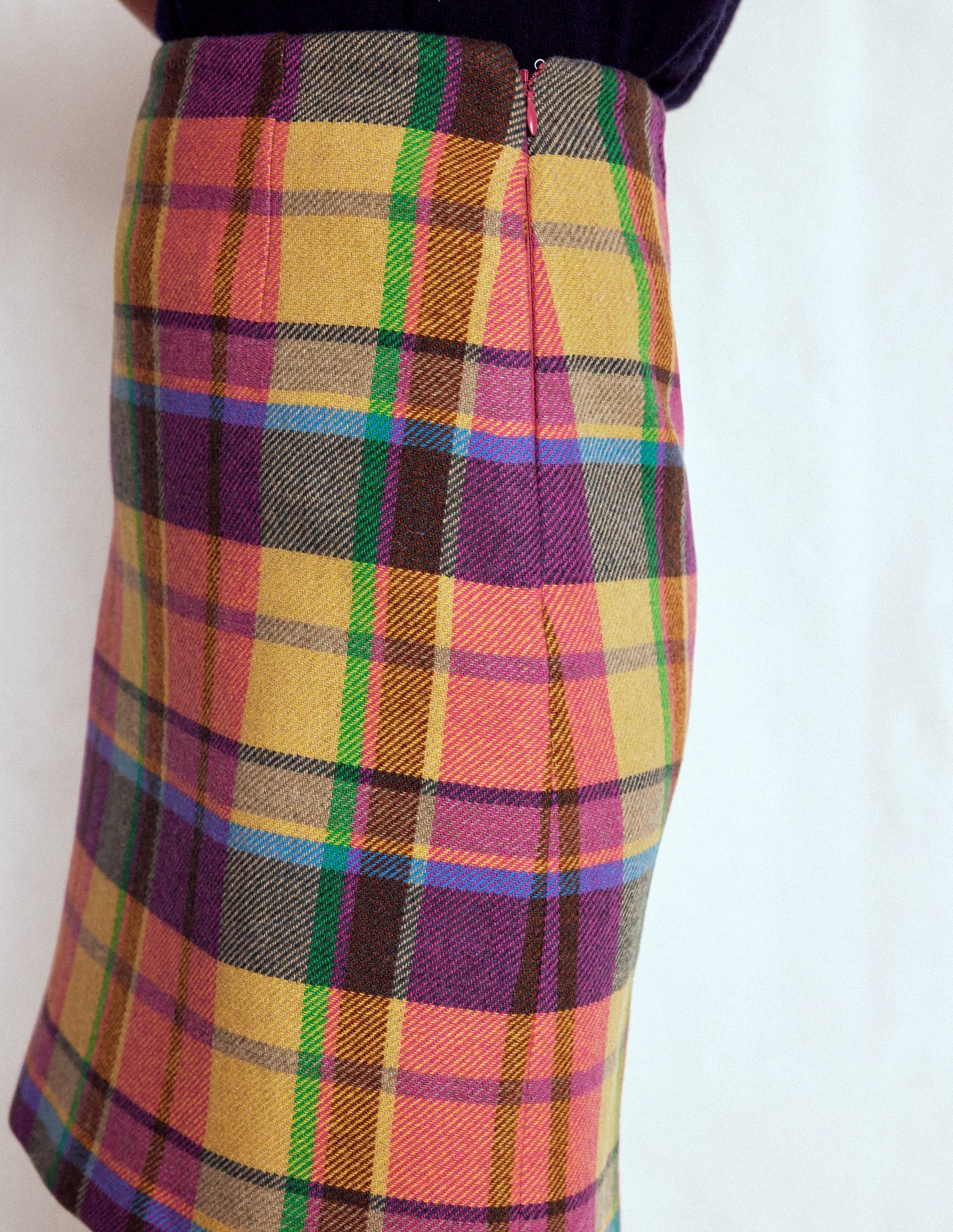 Wool A Line Mini Skirt-Yellow, Pink and Green Check-1