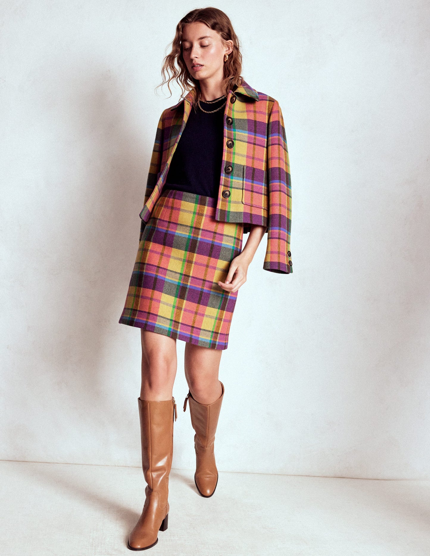 Wool A Line Mini Skirt-Yellow, Pink and Green Check