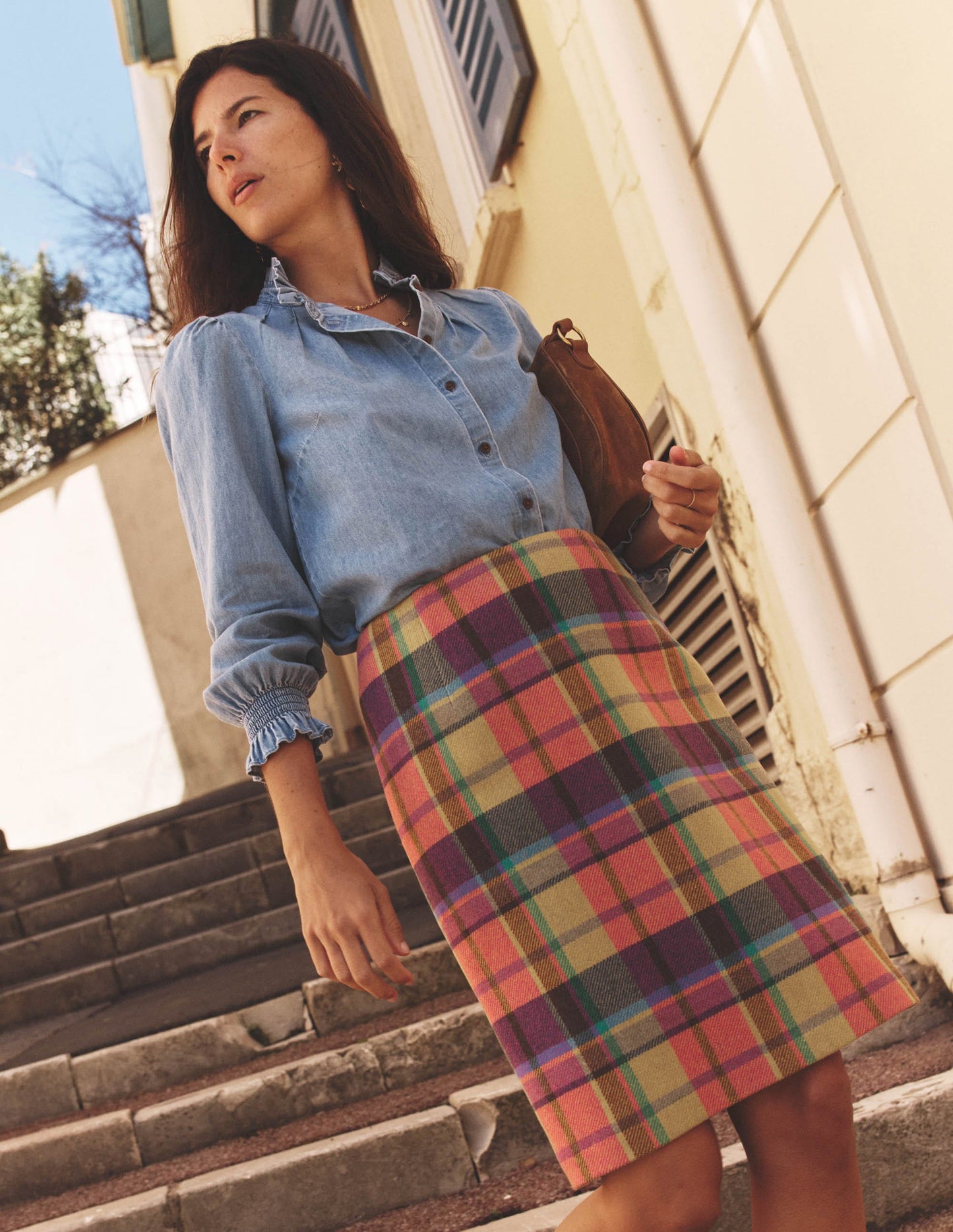 Wool A Line Mini Skirt-Yellow, Pink and Green Check