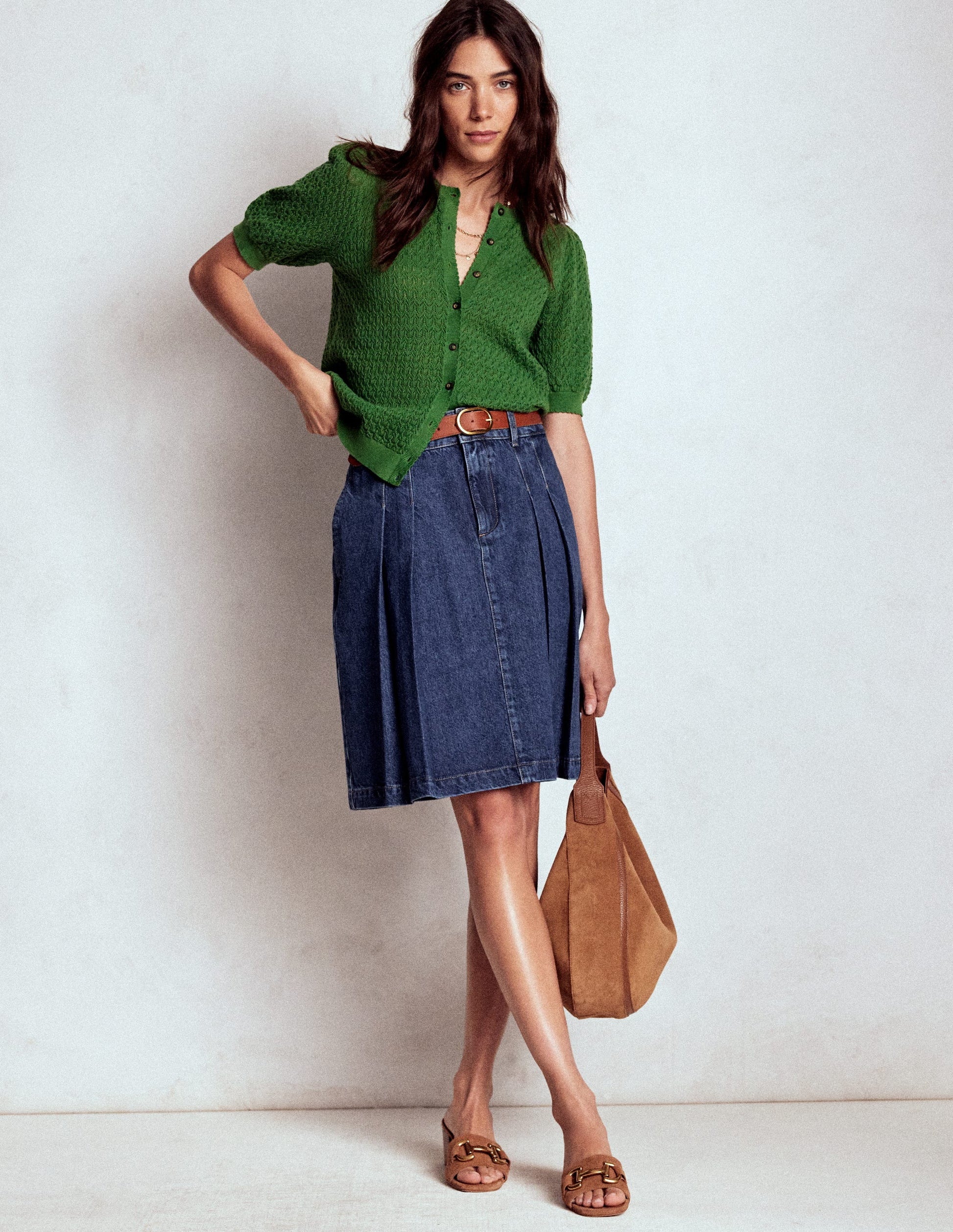 Pleated Denim Skirt-Mid Wash Boden USA - Main Image