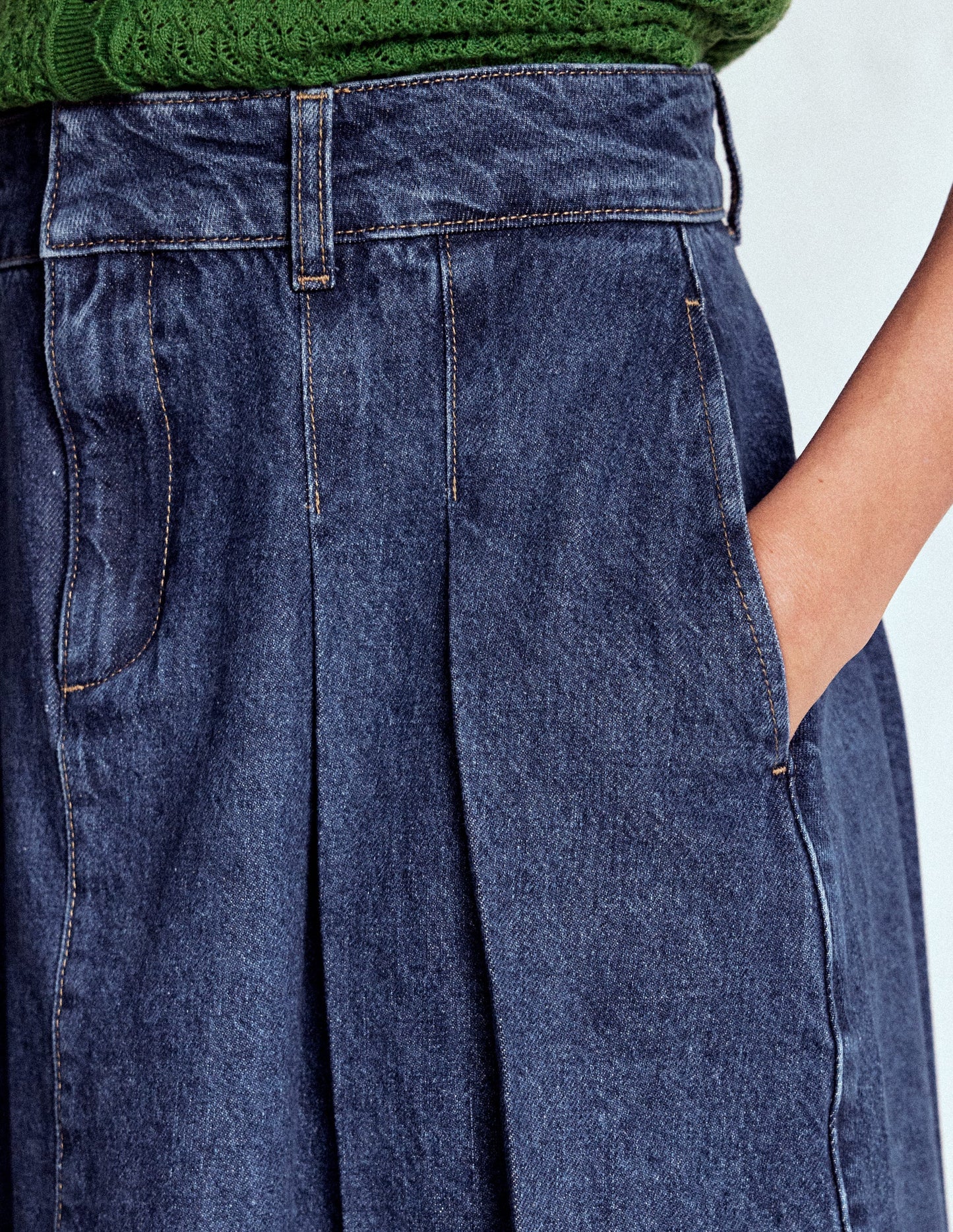 Pleated Denim Skirt-Mid Wash