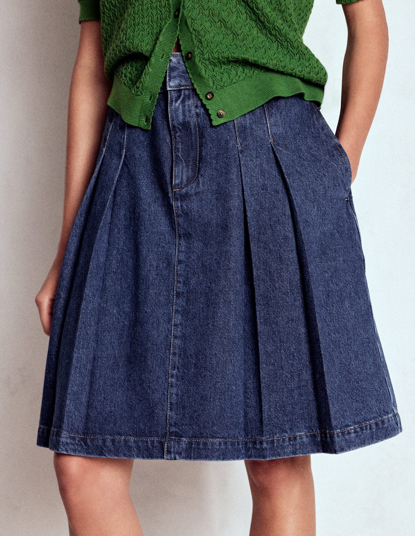 Pleated Denim Skirt-Mid Wash