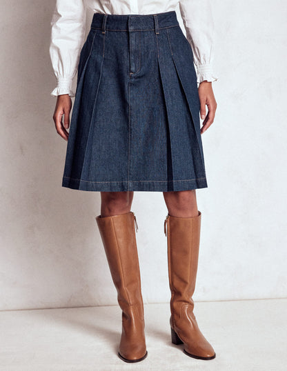 Pleated Denim Skirt-Indigo-4