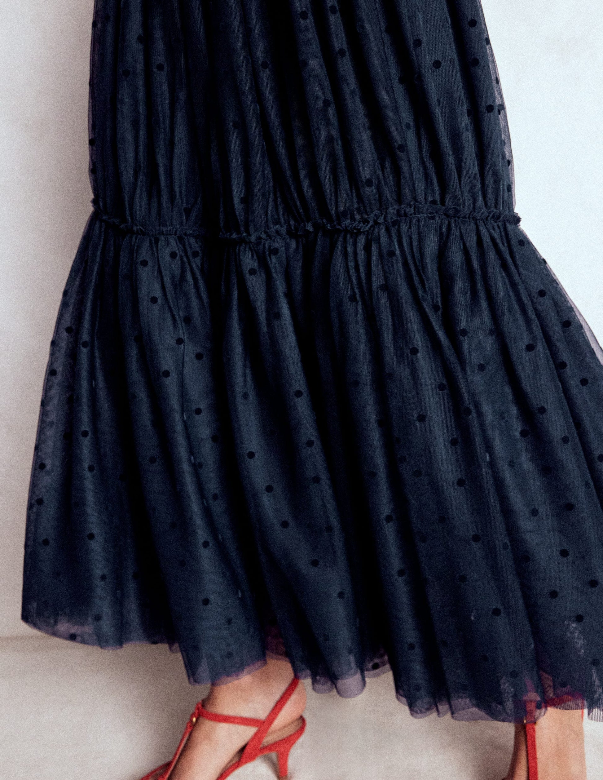 Anna Tulle Midi Skirt-Navy Flocked Spot | Boden USA Anna Tulle Midi Skirt-Navy Flocked Spot | Boden USA