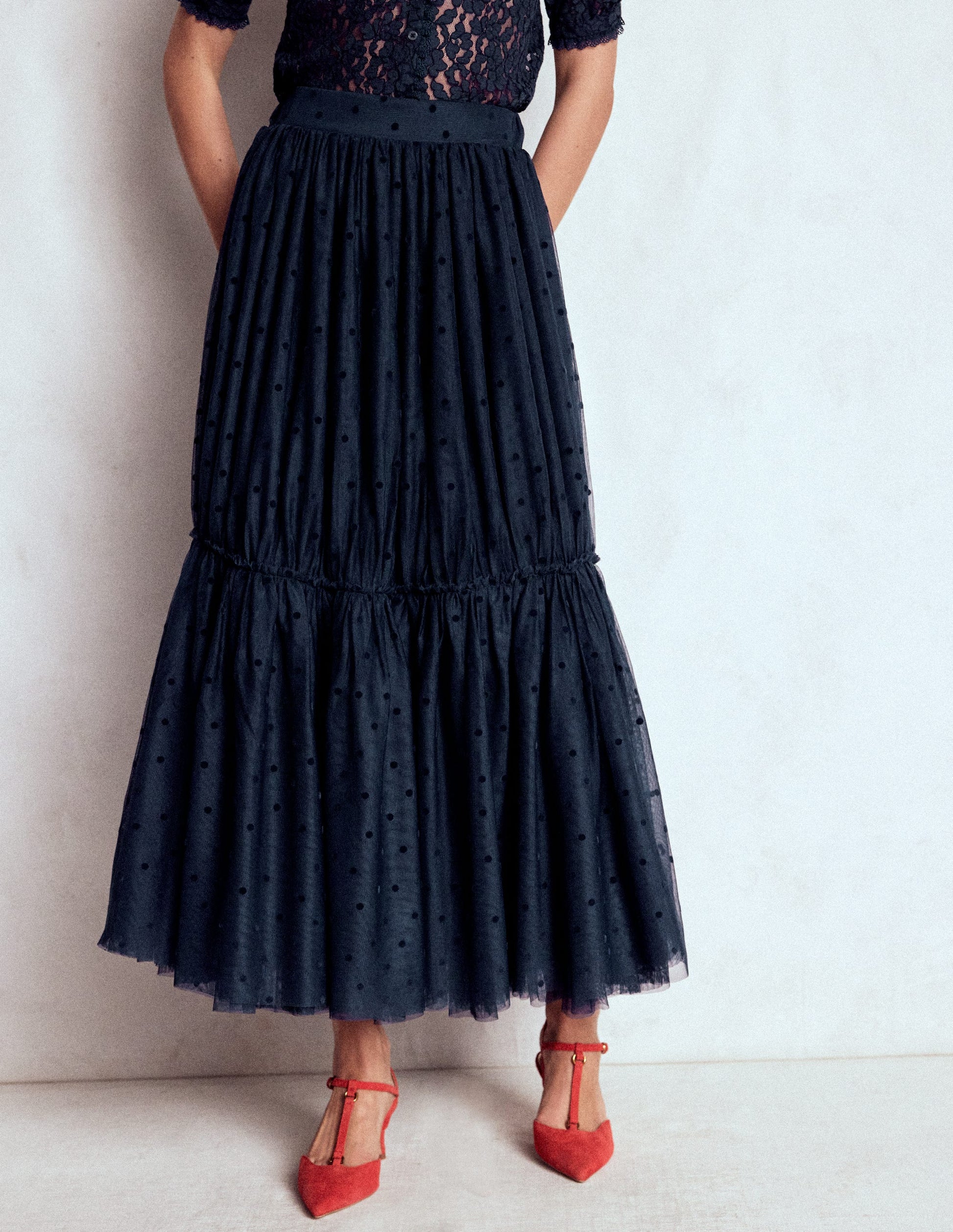 Anna Tulle Midi Skirt-Navy Flocked Spot | Boden USA Anna Tulle Midi Skirt-Navy Flocked Spot | Boden USA