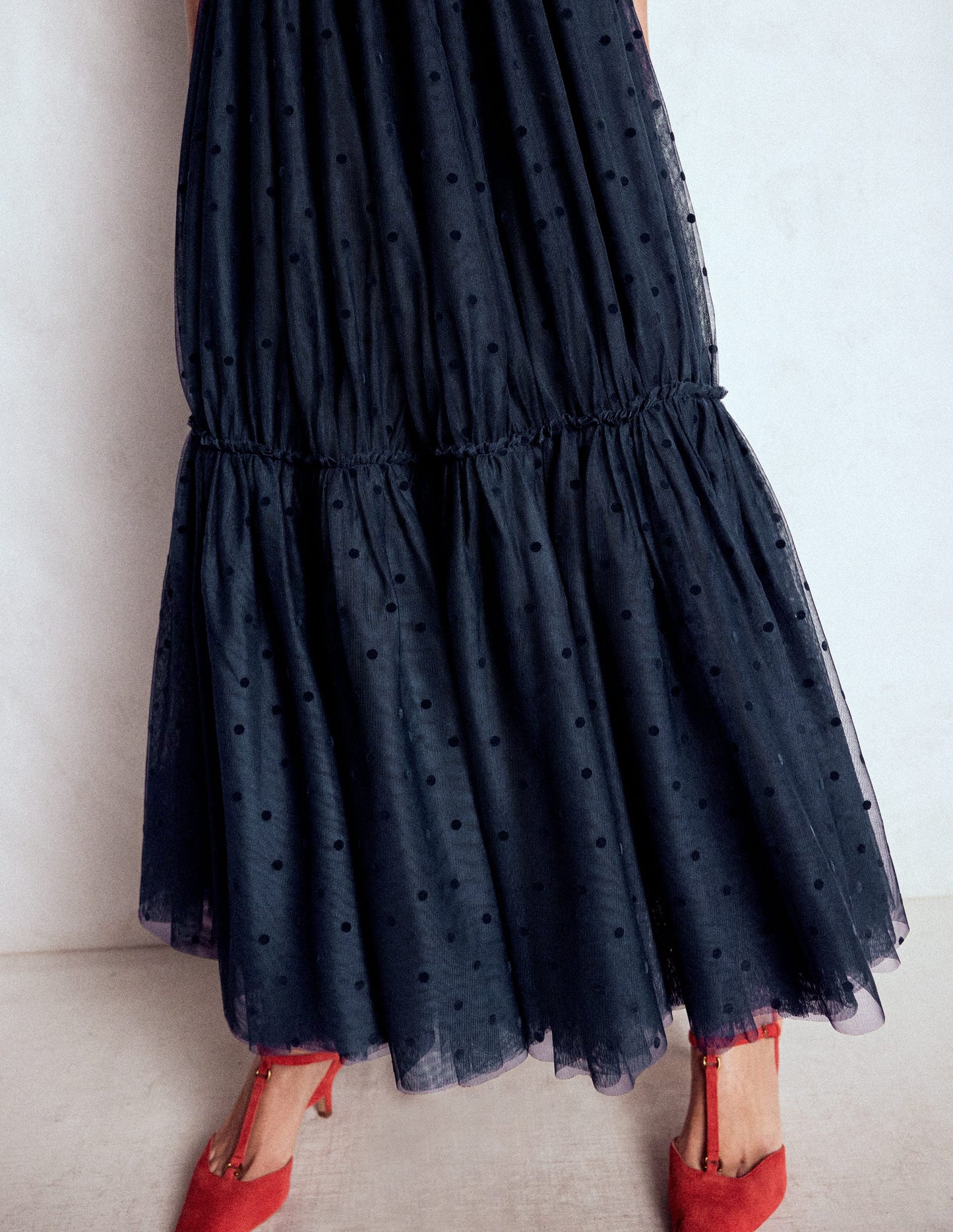 Anna Tulle Midi Skirt-Navy Flocked Spot