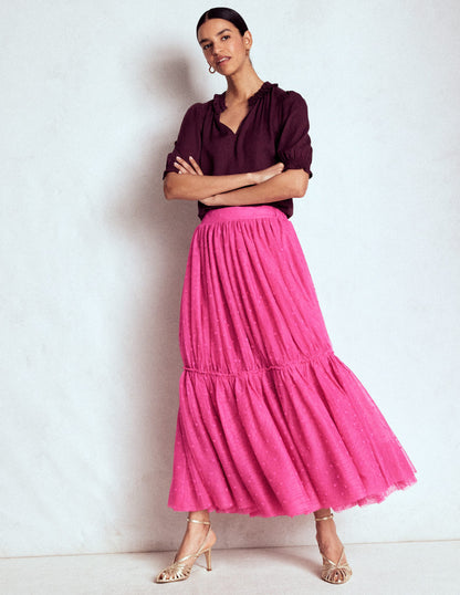 Anna Tulle Midi Skirt-Pink Flocked Spot-1