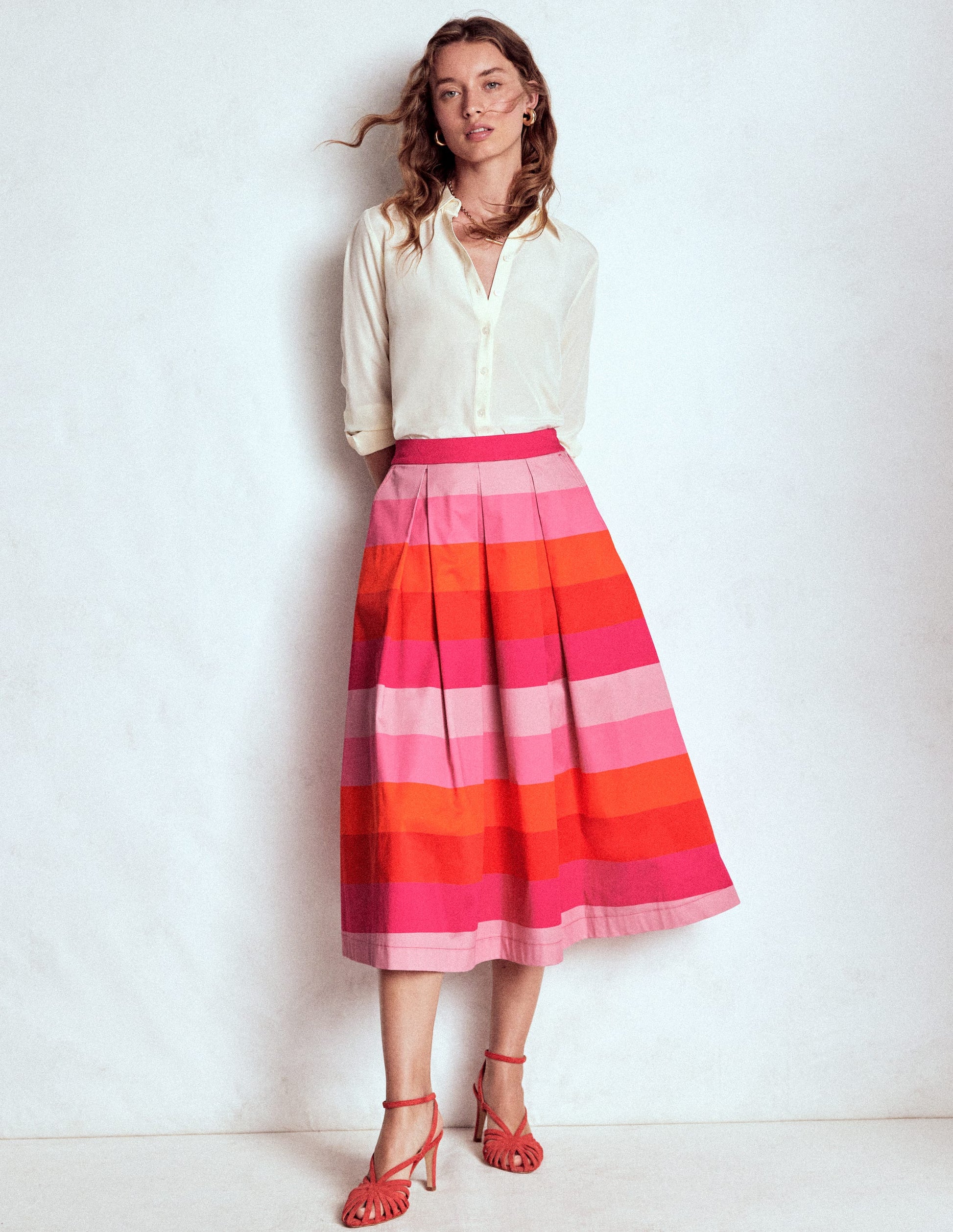 Verity Cotton Midi Skirt-Pink Tonal Multistripe-1
