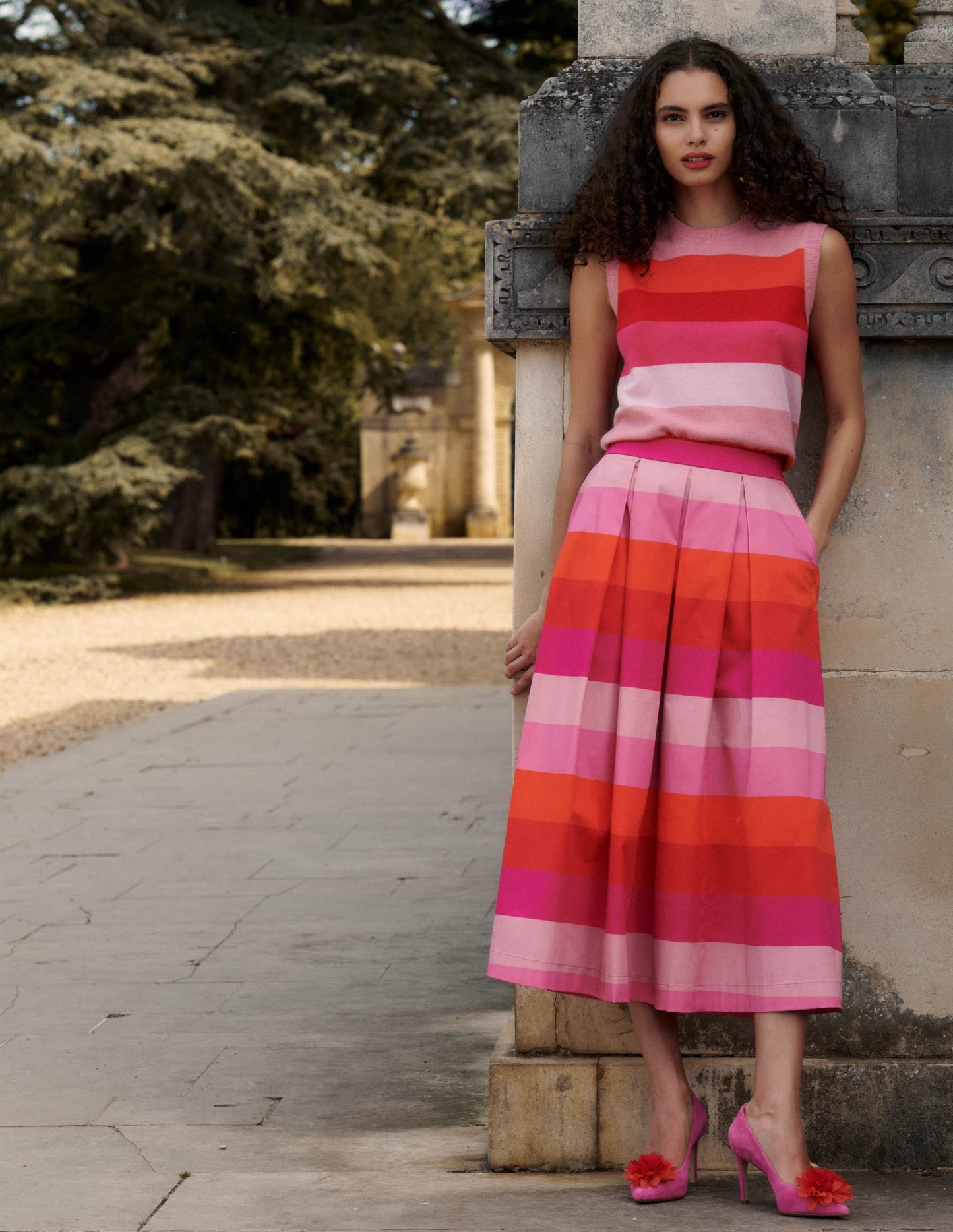 Verity Cotton Midi Skirt-Pink Tonal Multistripe
