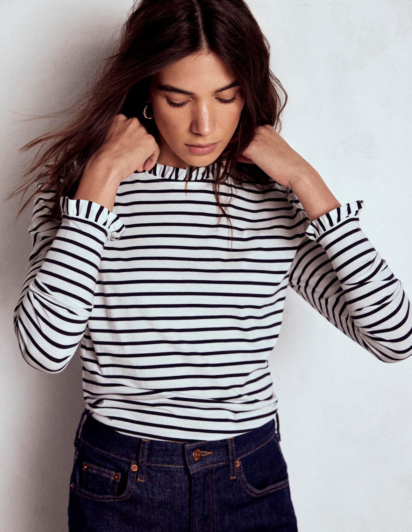 Supersoft Frill Detail Top-Ivory / Navy Stripe