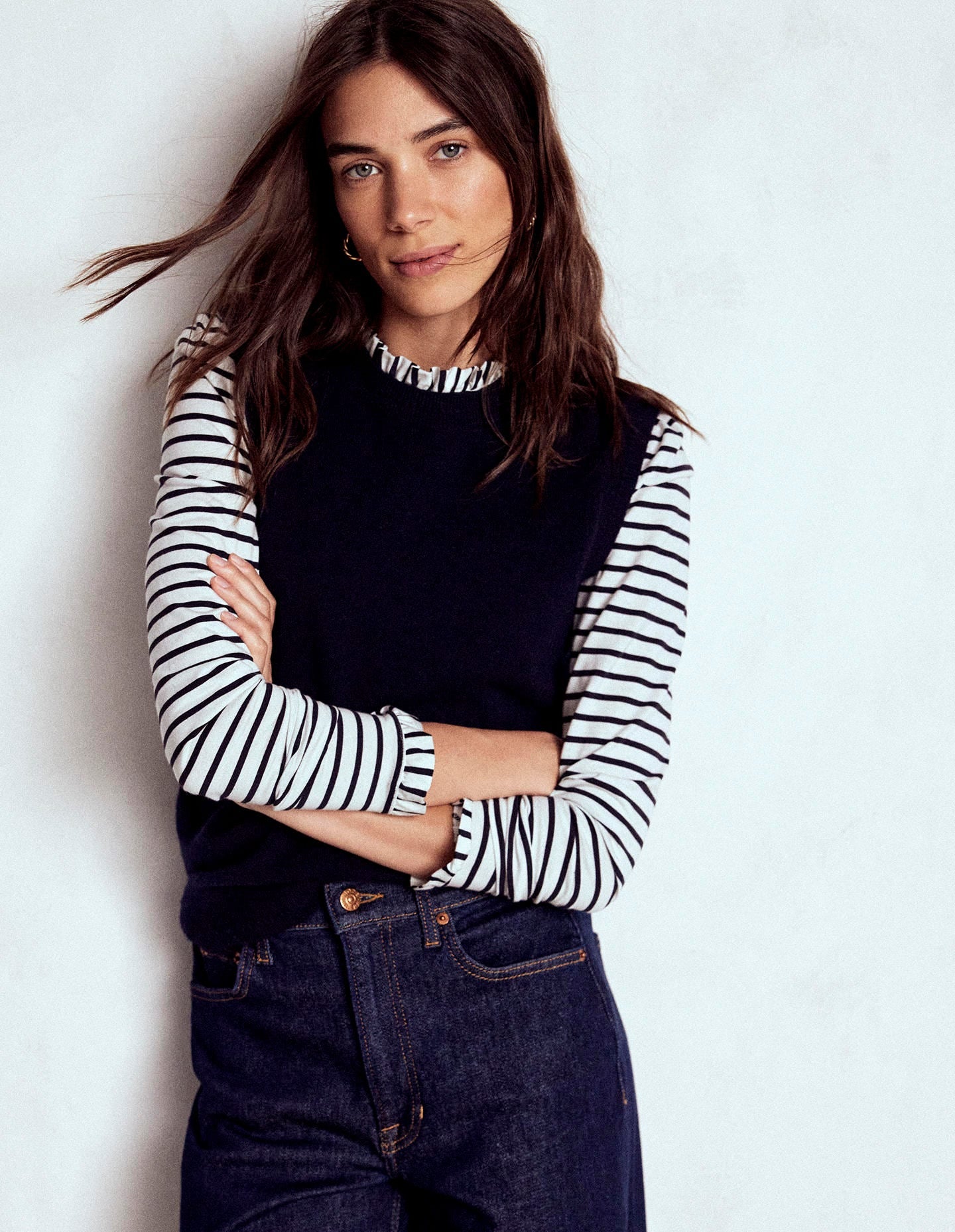 Supersoft Frill Detail Top-Ivory / Navy Stripe | Boden USA