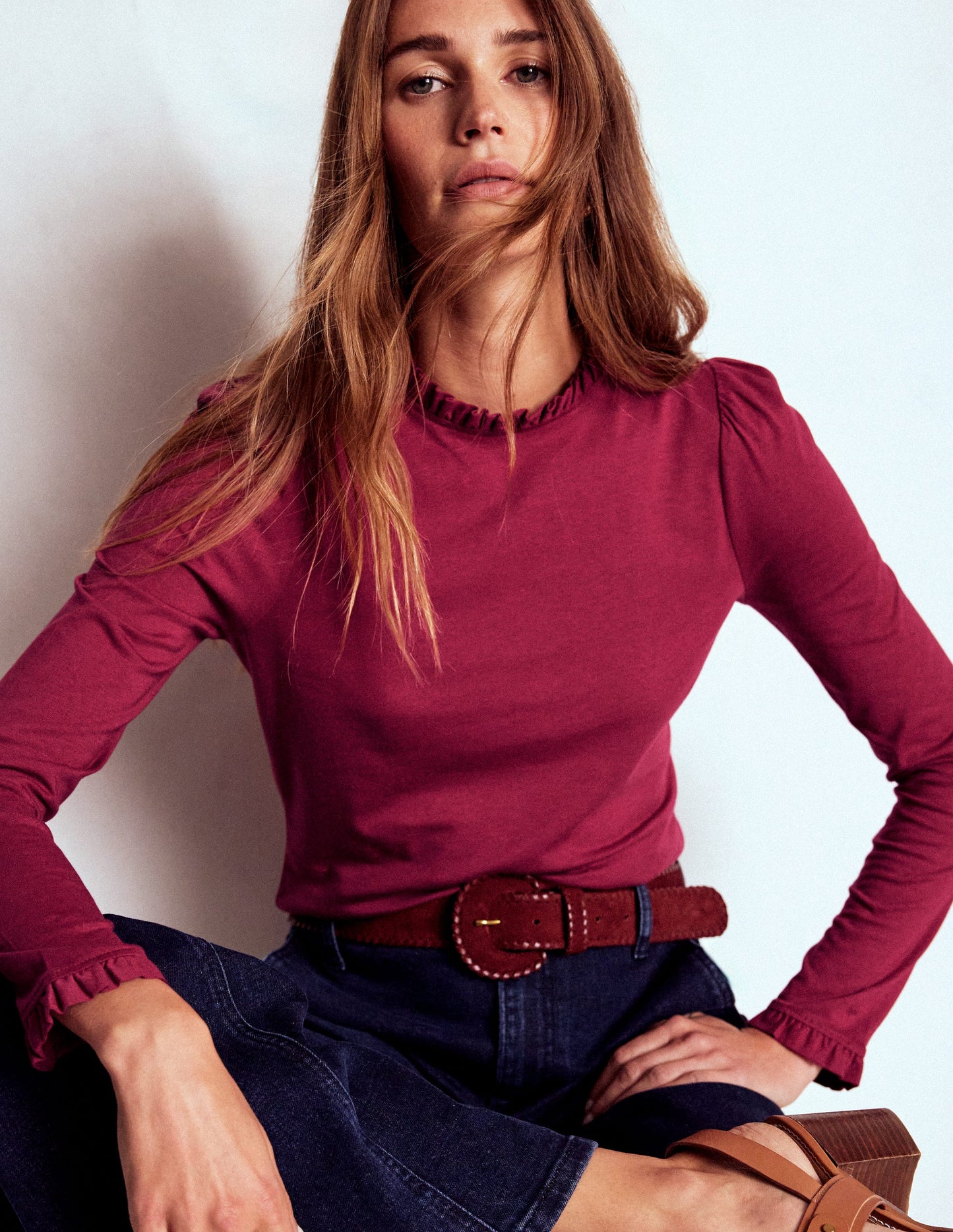 Supersoft Frill Detail Top-Burgundy Red