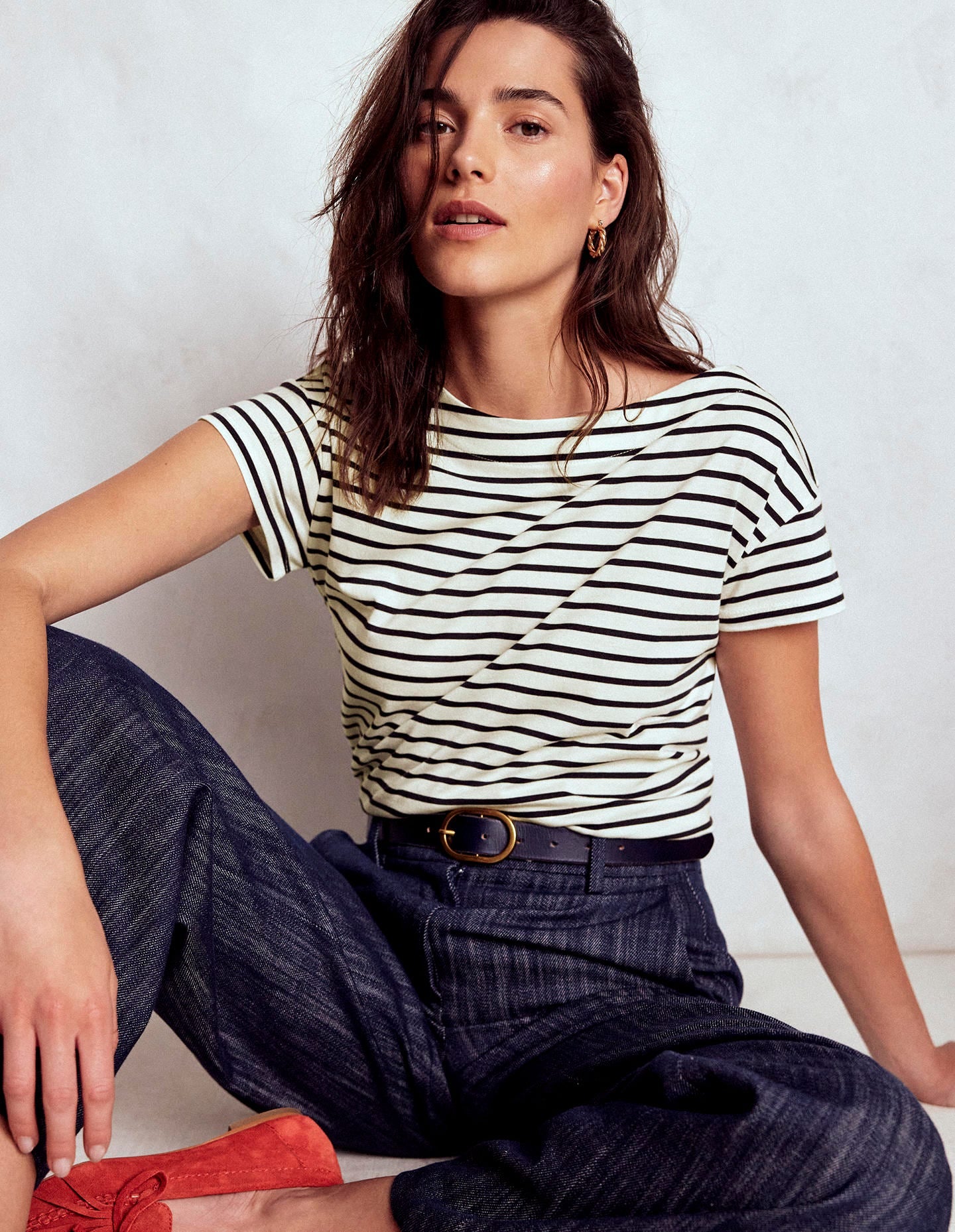 Supersoft Boat Neck T-Shirt-Ivory, Navy Stripe - Image 1