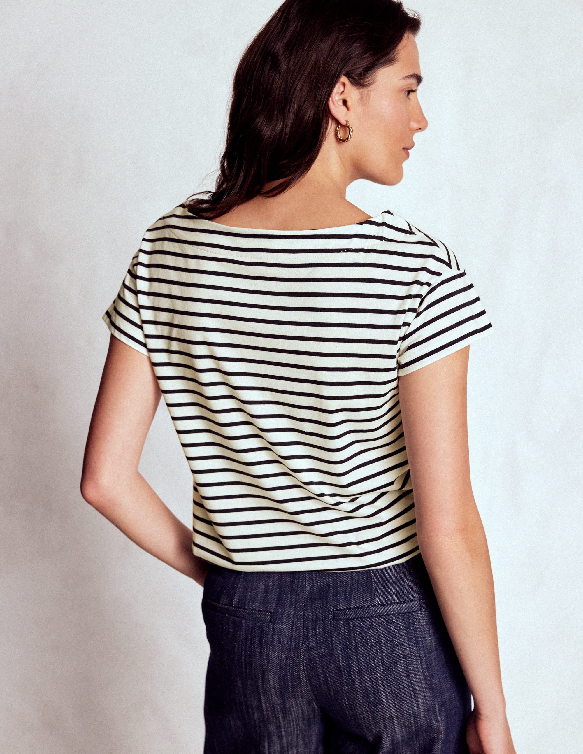 Supersoft Boat Neck T-Shirt-Ivory, Navy Stripe - Image 3