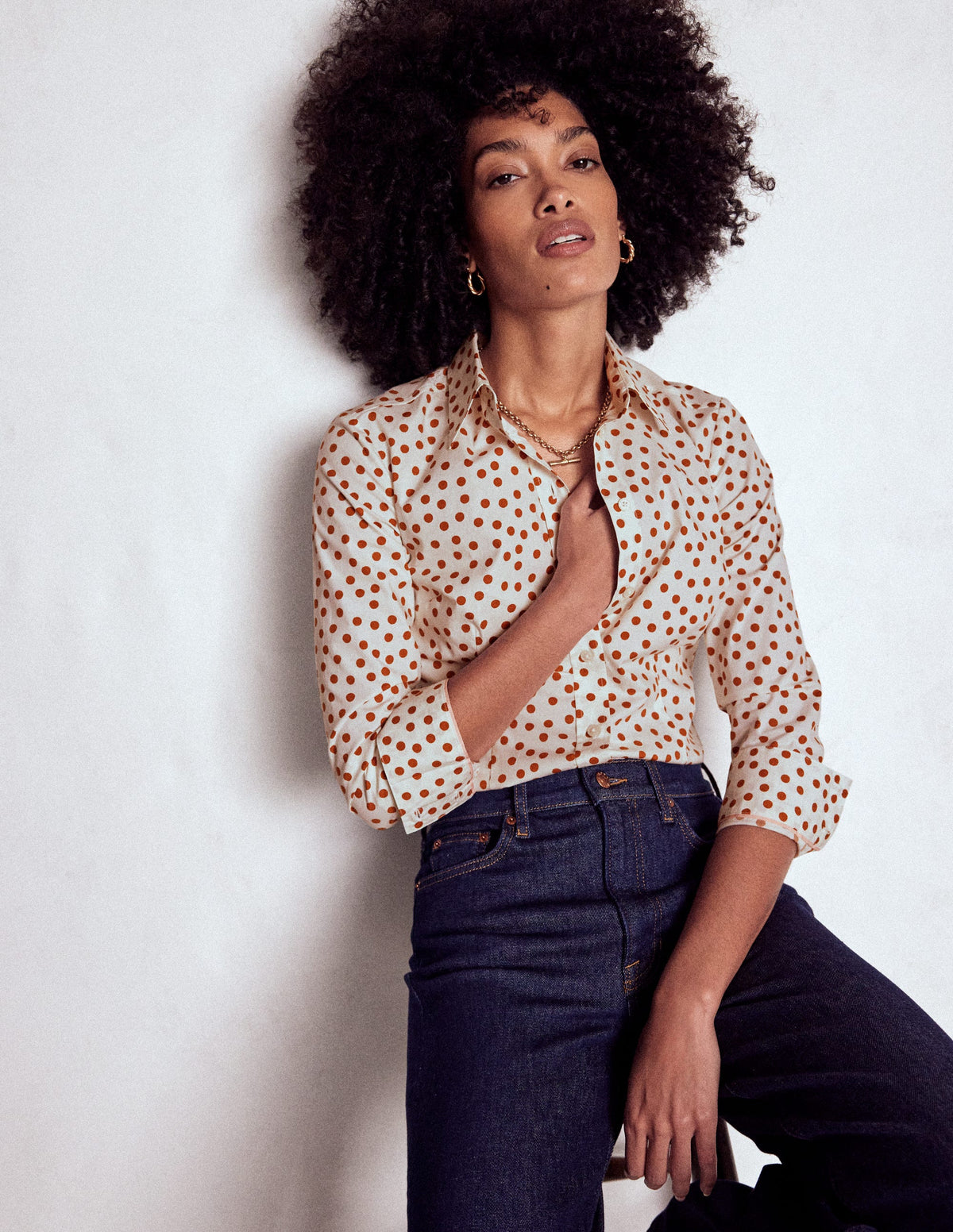 Saskia Stretch Cotton Shirt-Cognac, Painted Dot - Image 1