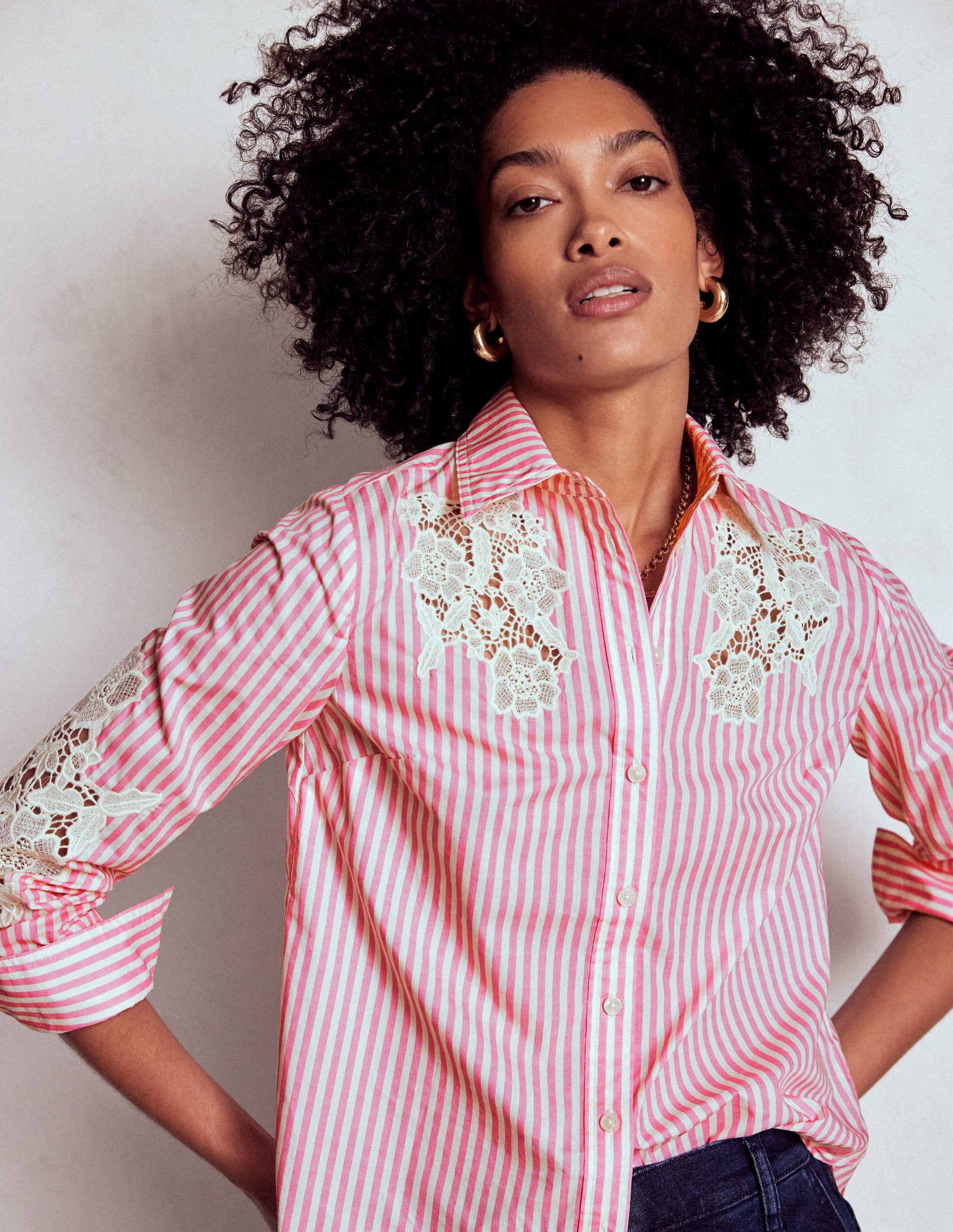 Sienna Interest Cotton Shirt-Pink and Ivory Cutwork Stripe-1