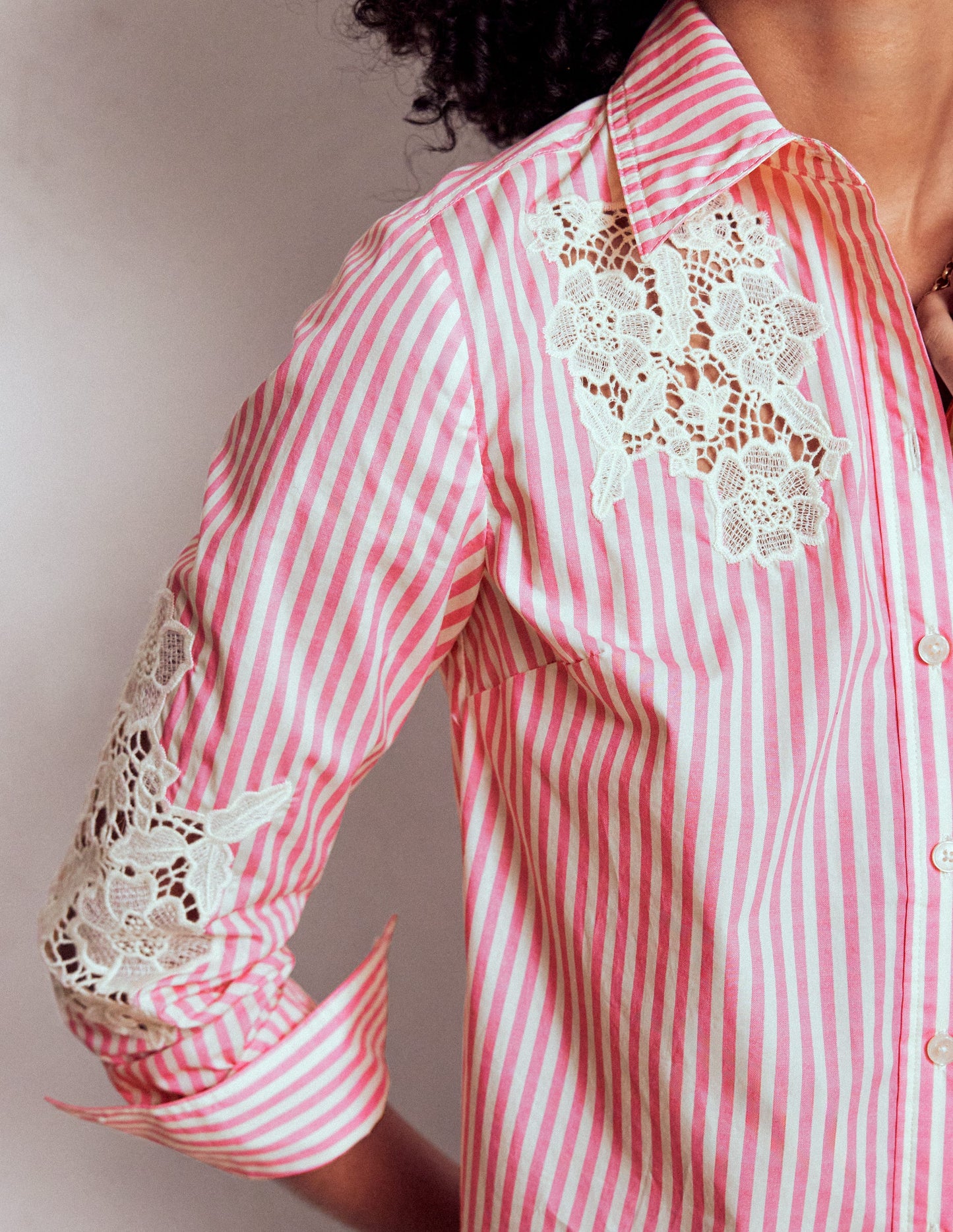 Sienna Interest Cotton Shirt-Pink and Ivory Cutwork Stripe