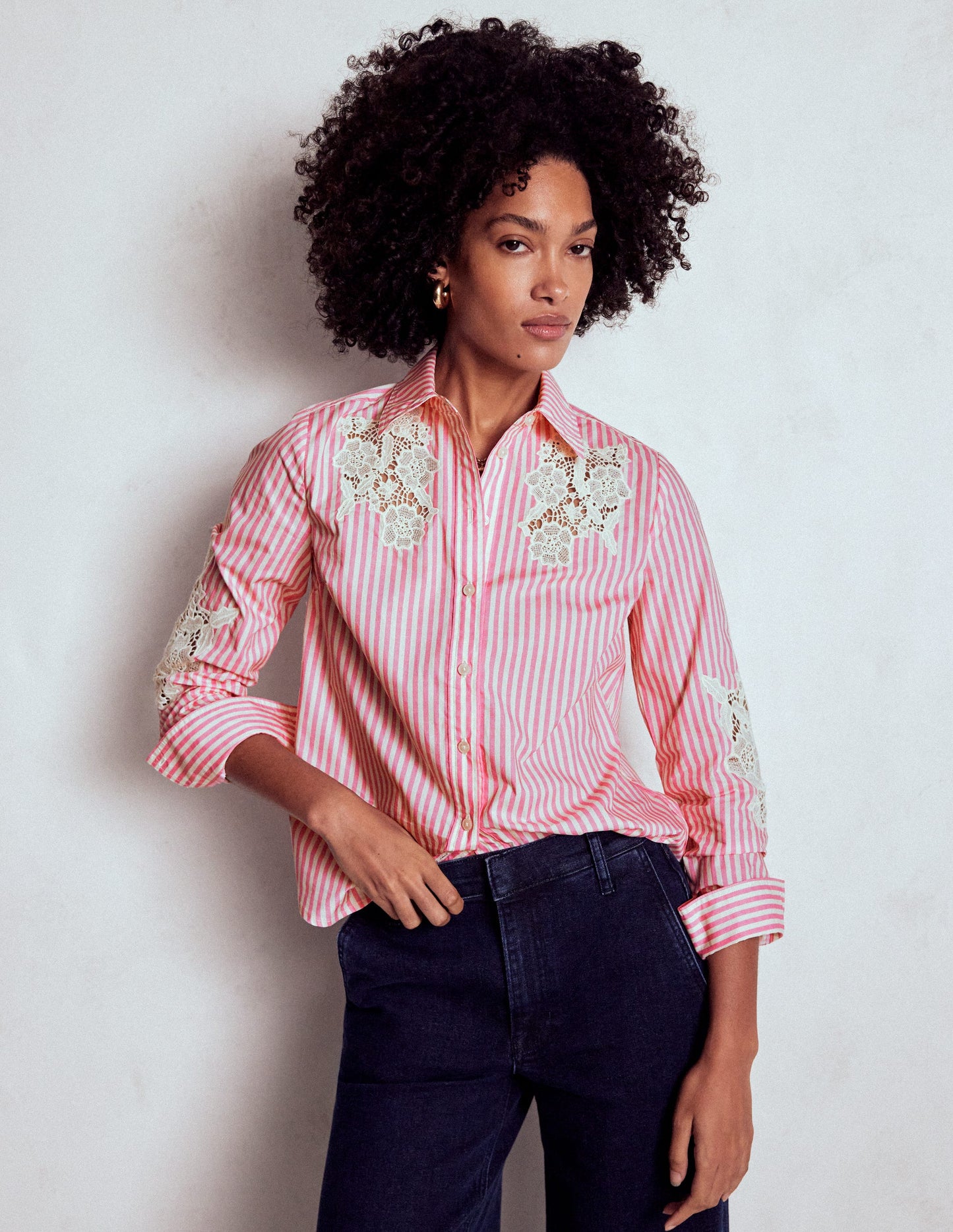 Sienna Interest Cotton Shirt-Pink and Ivory Cutwork Stripe
