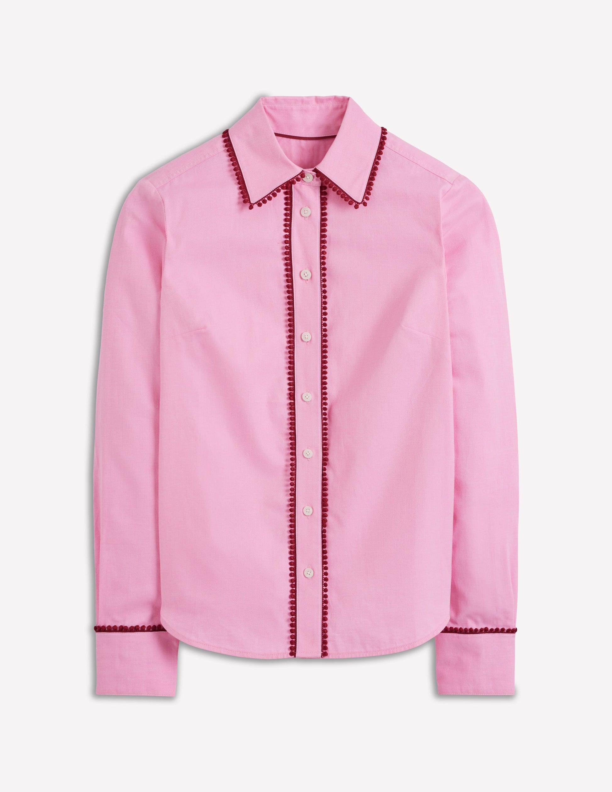 Sienna Interest Cotton Shirt-Pink, Pom Trim-5