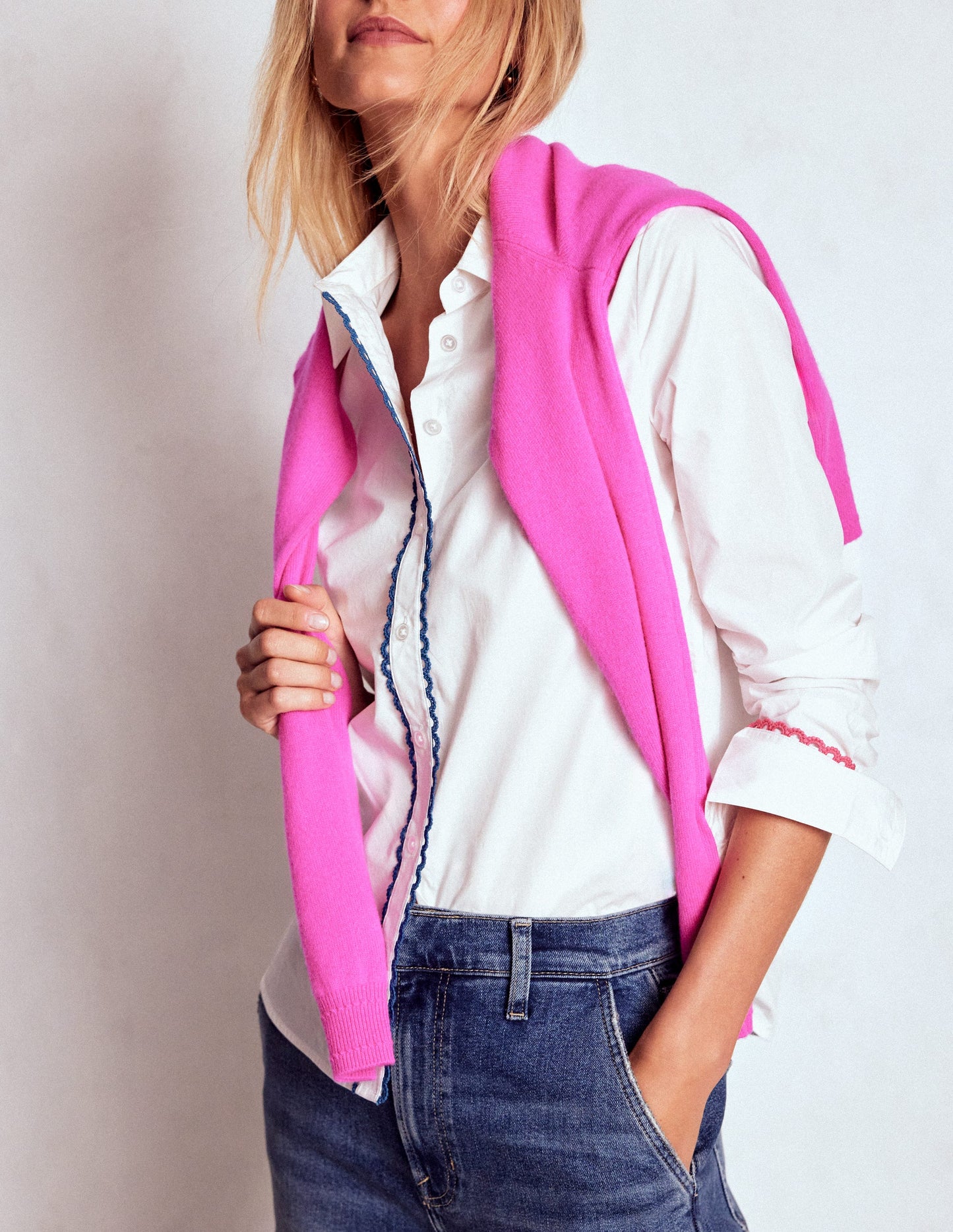 Sienna Interest Cotton Shirt-White, Multi Trim