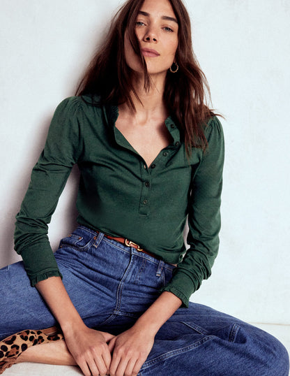Supersoft Frill Henley Top-Green Pine-1