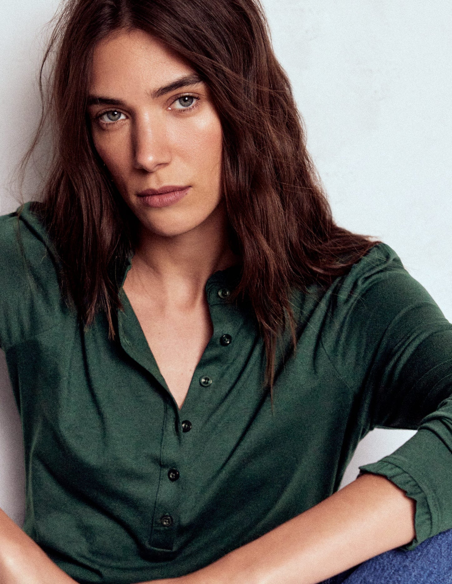 Supersoft Frill Henley Top-Green Pine