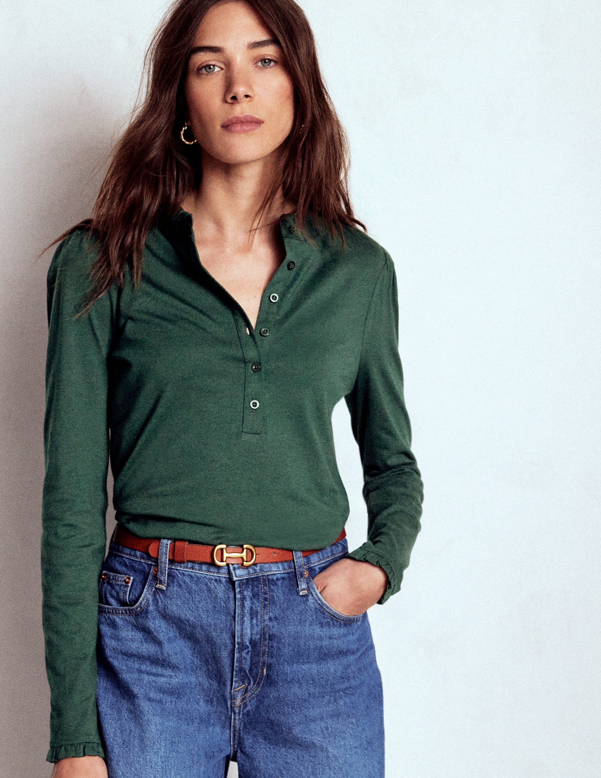 Supersoft Frill Henley Top-Green Pine-4