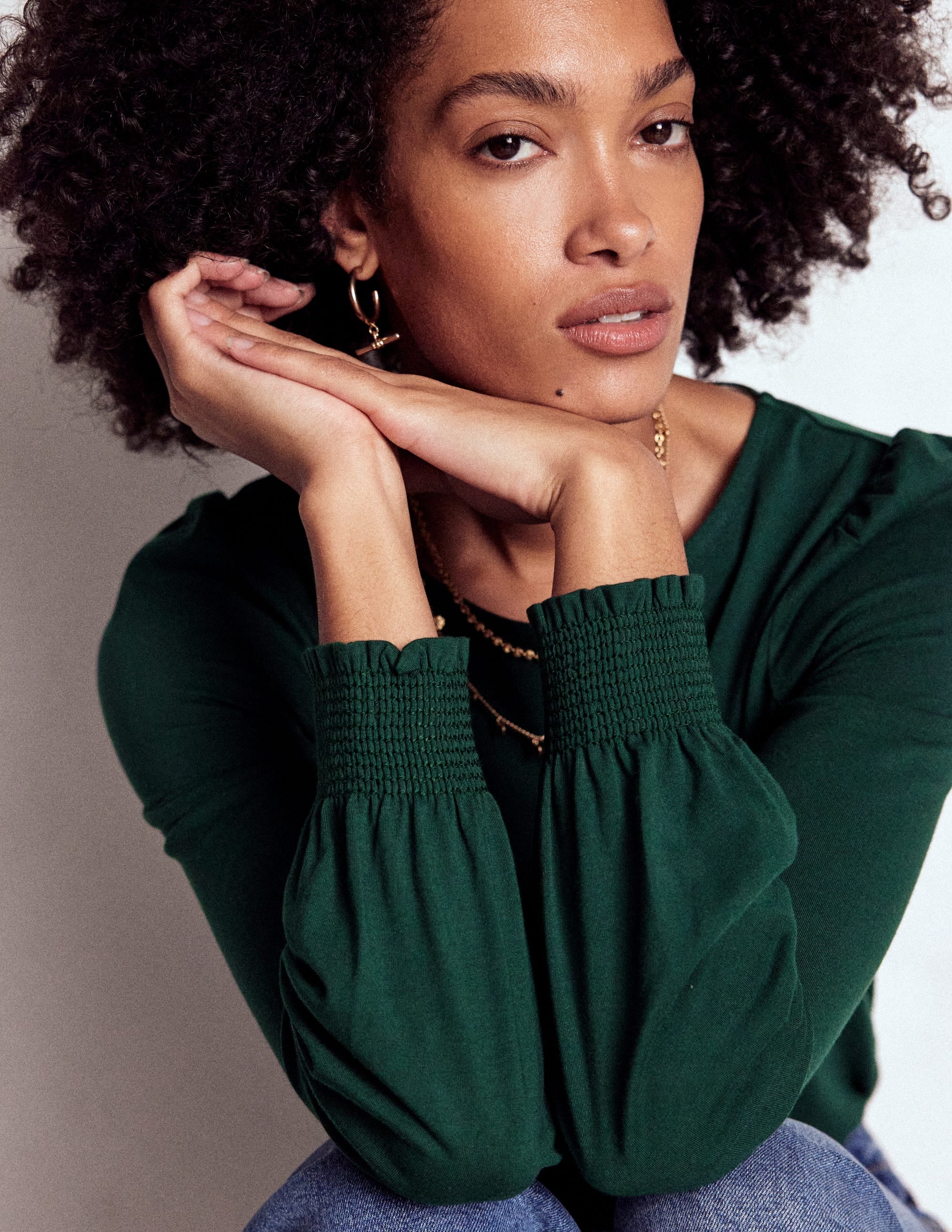 Smocked Cuff Supersoft Top-Green Pine - Image 1