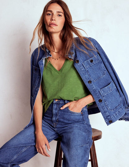 V Neck Slub T-shirt-Safari Green-1