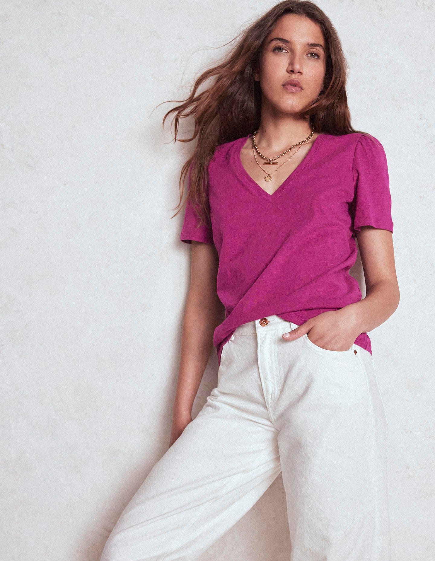 V Neck Slub T-shirt-Rich Magenta