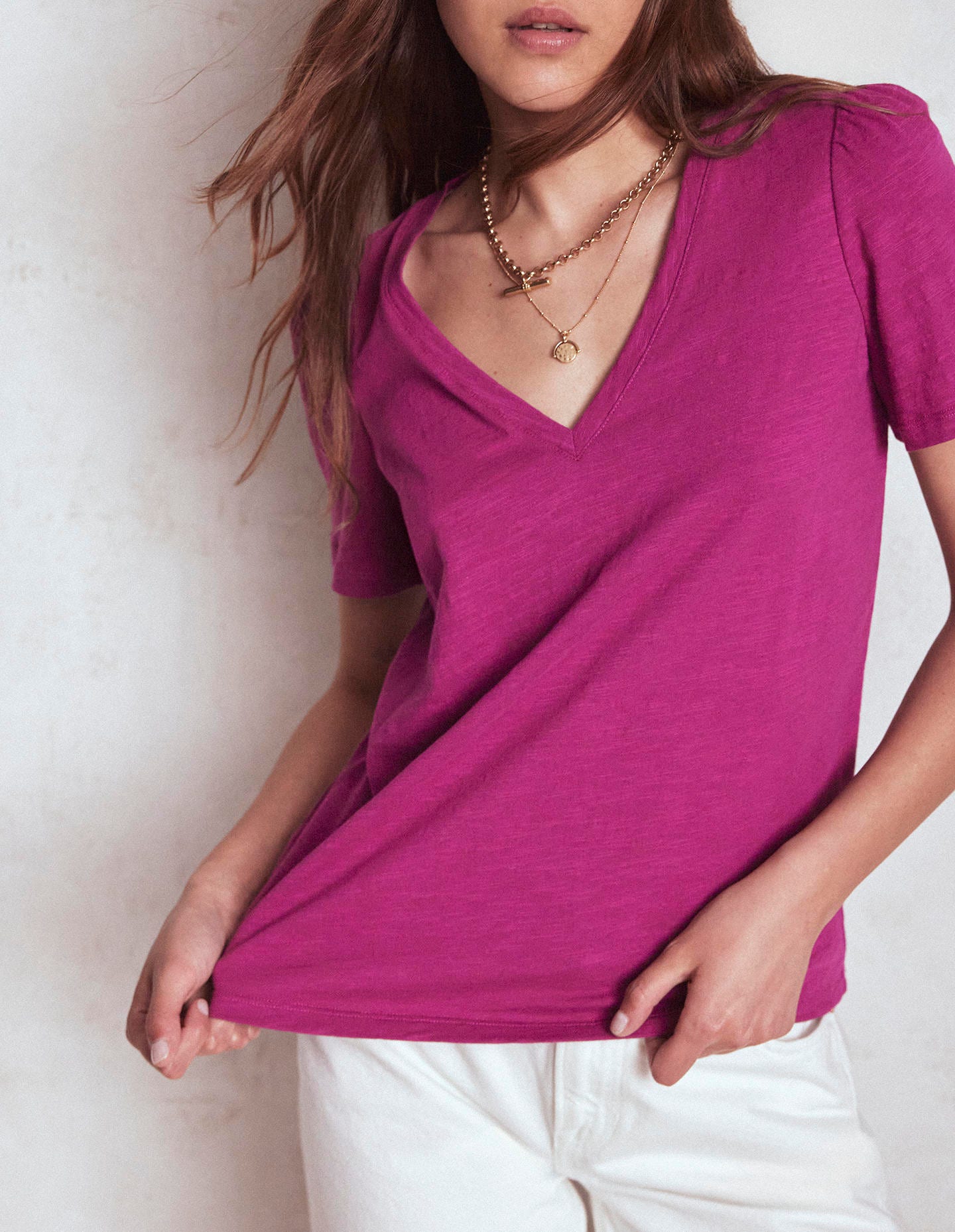 V Neck Slub T-shirt-Rich Magenta