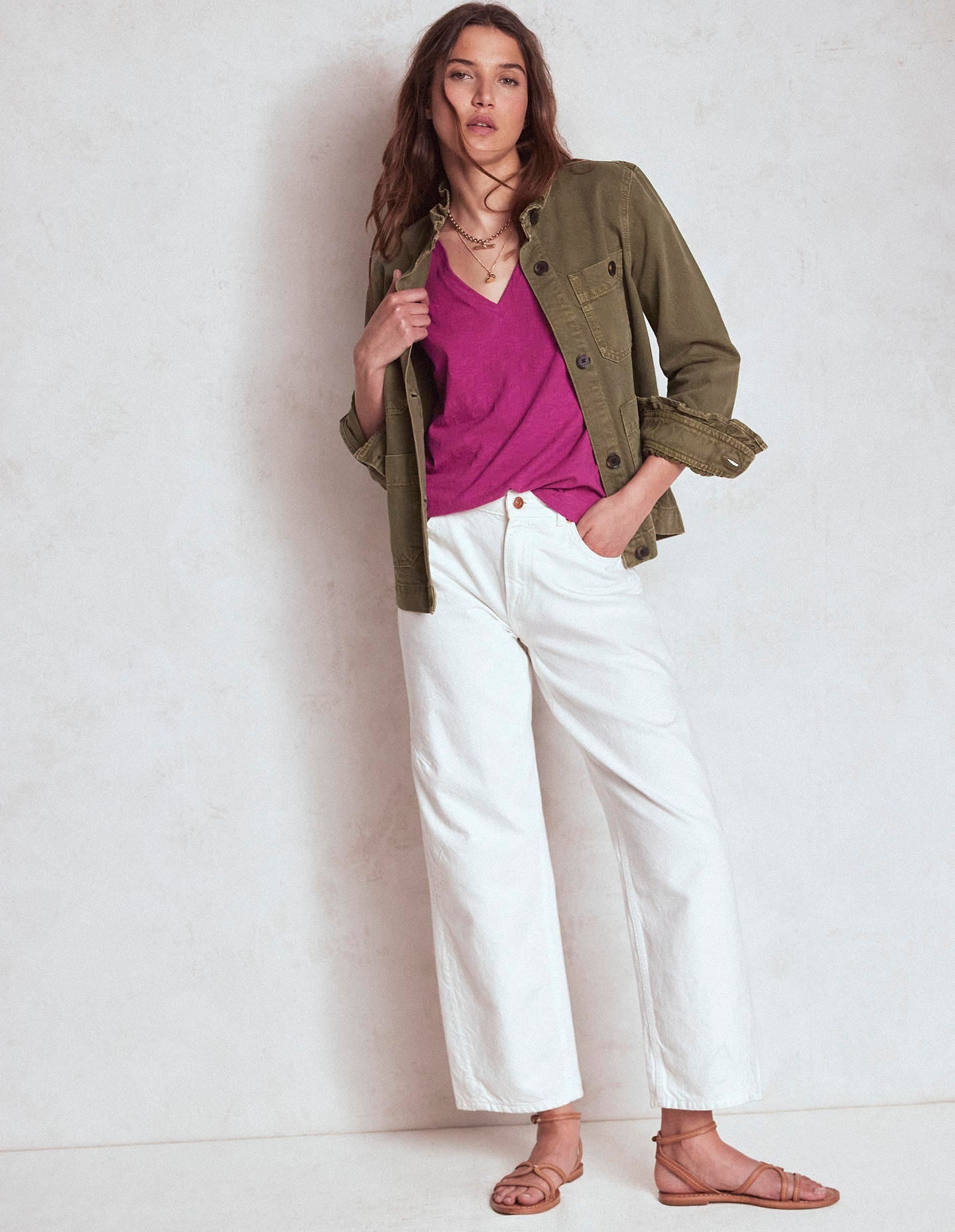 V Neck Slub T-shirt-Rich Magenta