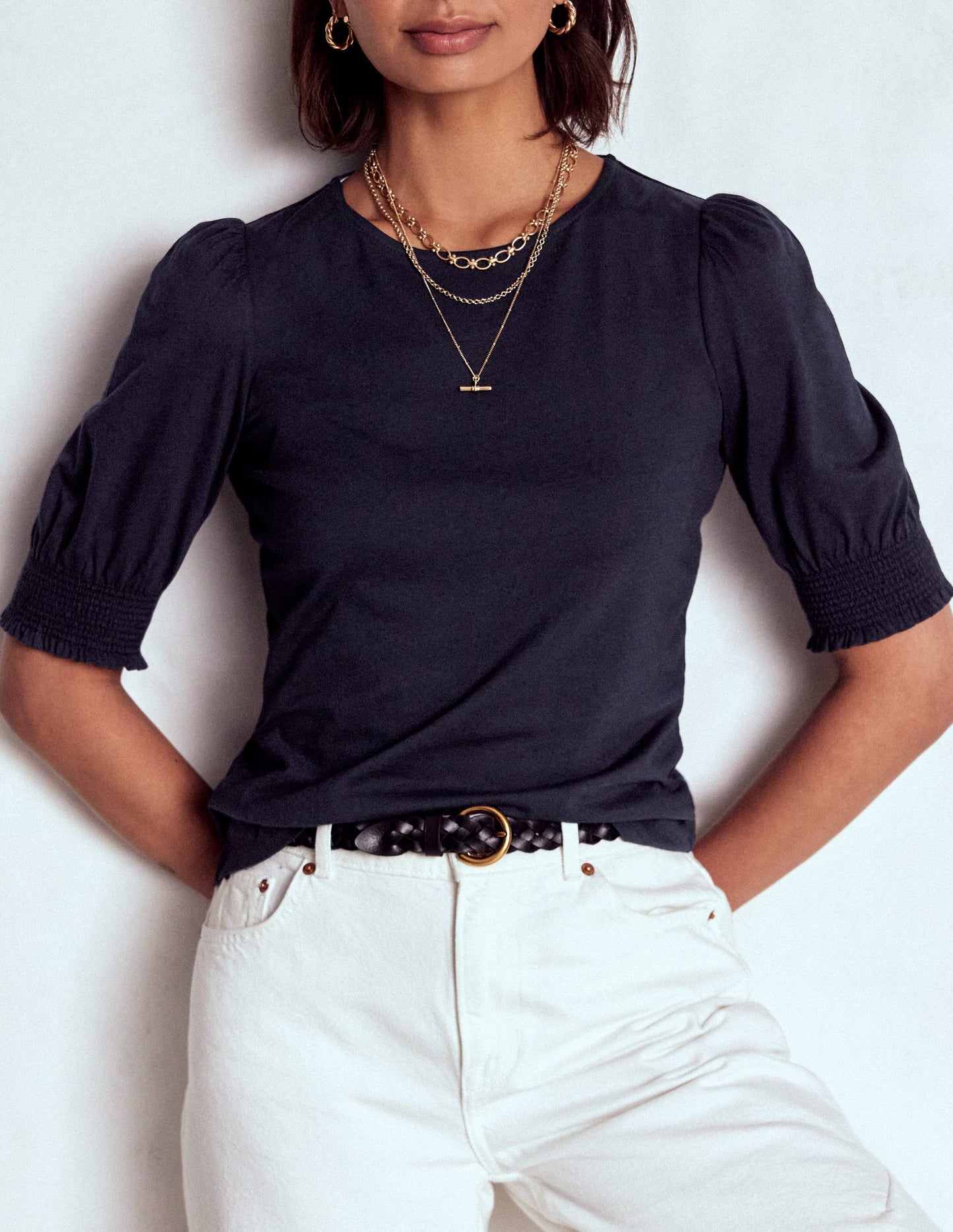 Short Sleeve Smocked Cuff Top-Navy