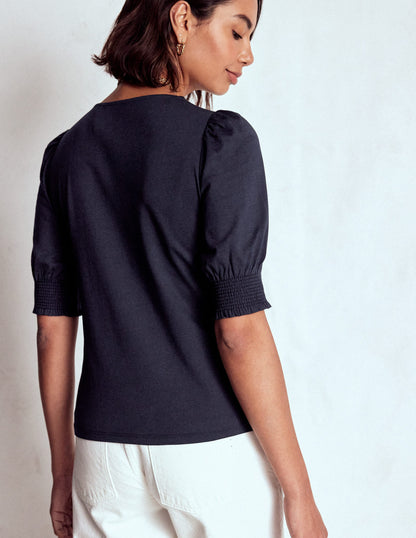 Short Sleeve Smocked Cuff Top-Navy-3