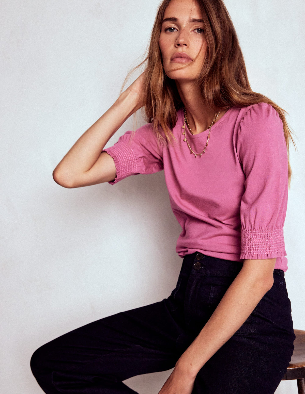 Short Sleeve Smocked Cuff Top-Purple Damson - Image 4
