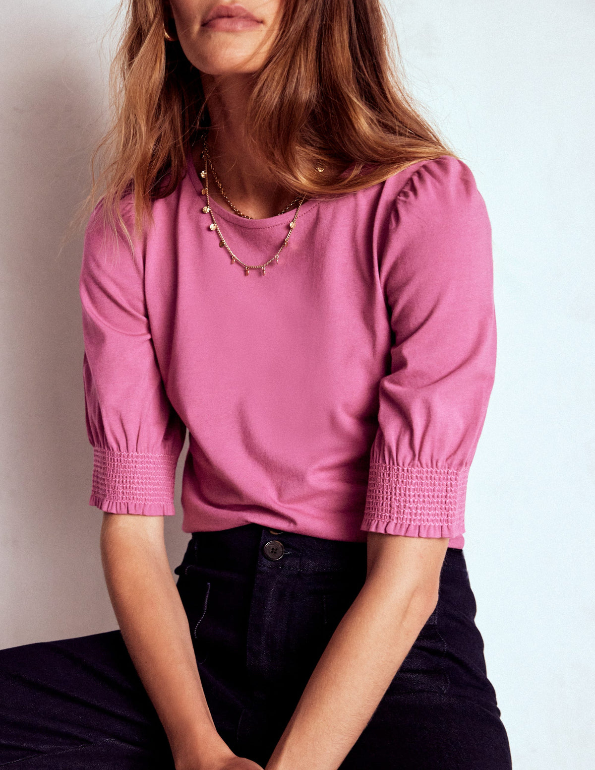 Short Sleeve Smocked Cuff Top-Purple Damson - Image 5